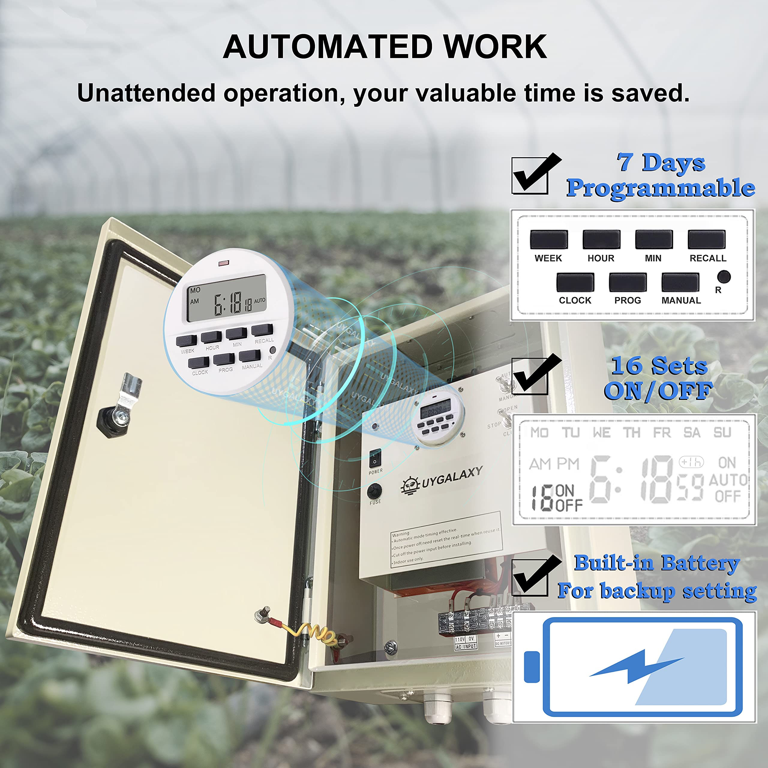 UYGALAXY Automatic Greenhouse Roll Up Motor Timer Controller with AC110V to DC24V Transformer - Ventilation & Roof Curtain Timing Control for Easy Open/Close - Perfect for Greenhouses, Plant Nurseries & Garden Ventilation Systems