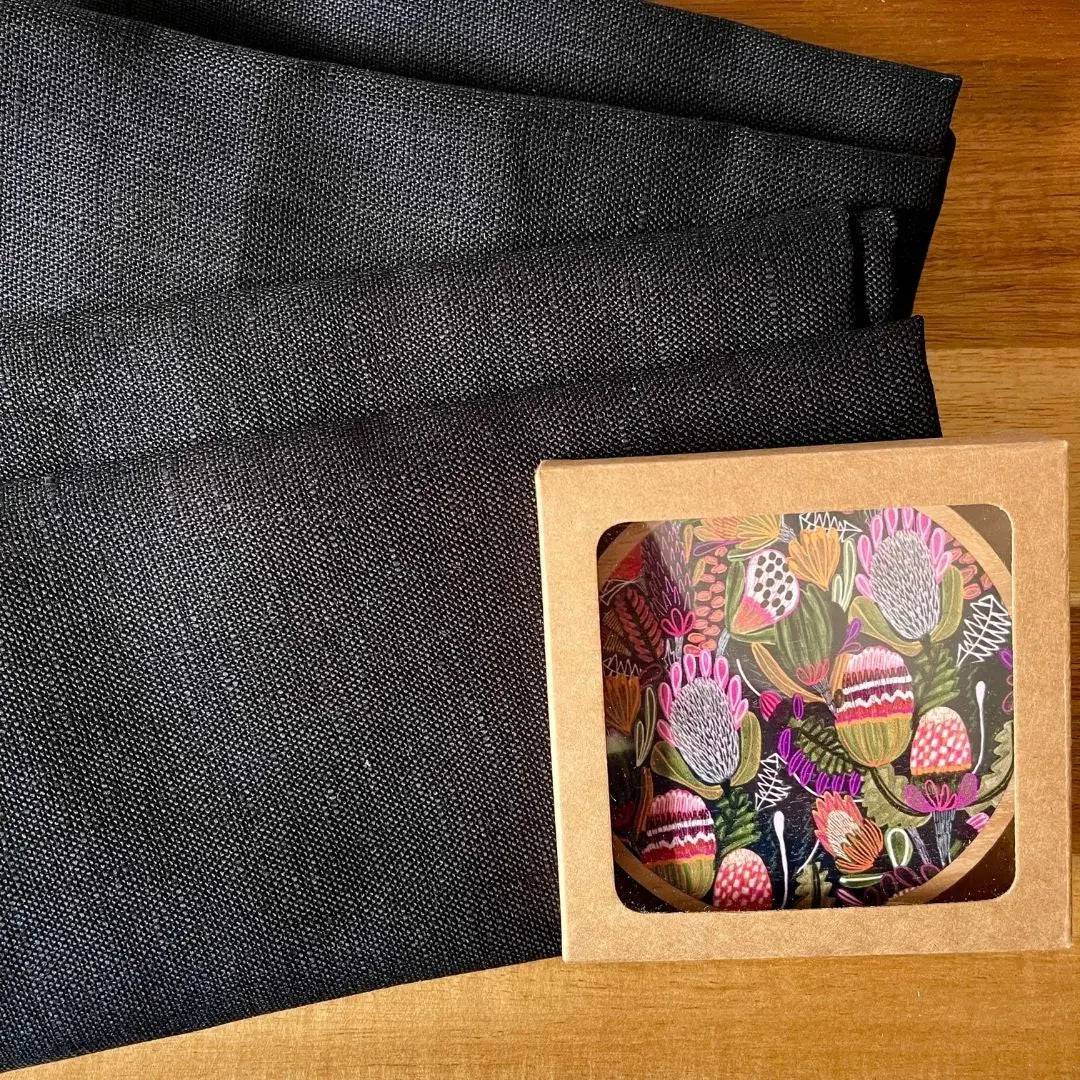 Premium Bush Banksia Australian Wooden Coaster Set with Napkins - Natural Wood Drink Coasters for Home Bar, Dining Table & Office Decor