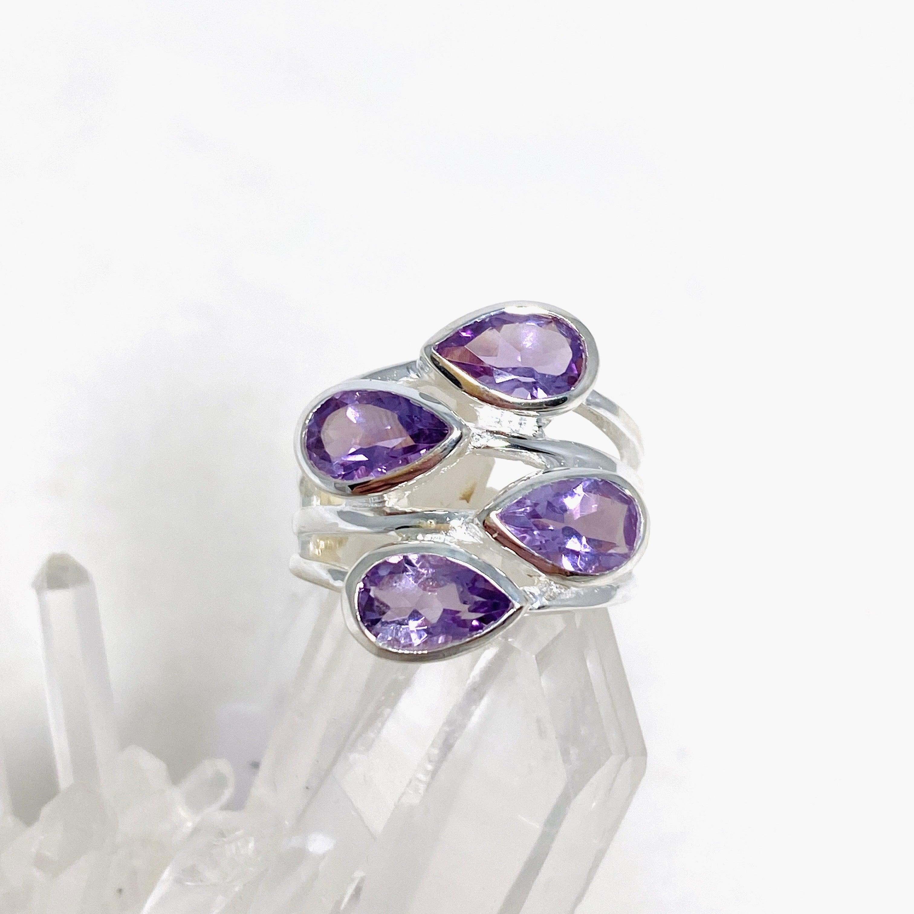 Amethyst Multi-Stone Faceted Teardrop Ring R3815 - Elegant Purple Gemstone Jewelry for Women, Perfect for Weddings, Parties & Special Occasions