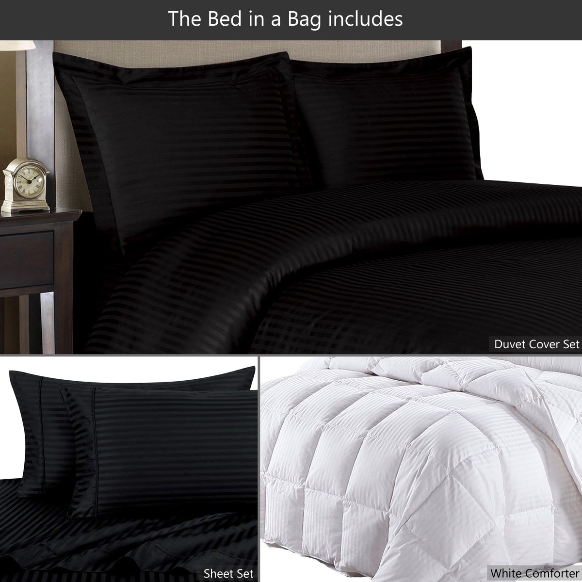 6-Piece Striped Goose Down Bed in a Bag Twin XL Comforter Set - 300TC 100% Cotton Duvet Cover & Sheet Set + All-Season 600 Fill Power Goose Down Comforter (Black) | Perfect for Guest Rooms, Dorms & Cozy Bedroom Upgrades