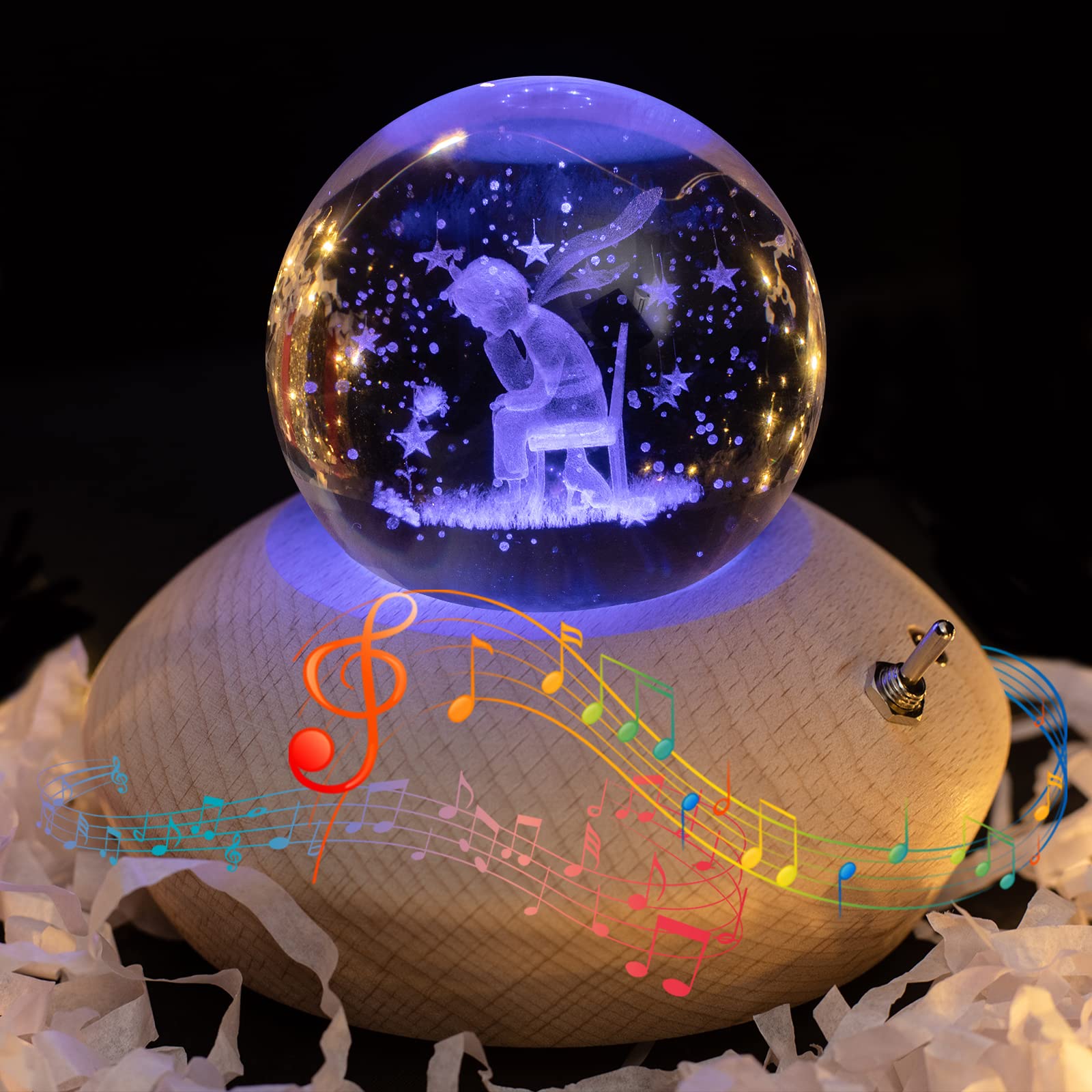 3D Crystal Ball Music Box with RGB Light Projection & 360° Rotating Wooden Base - Romantic Night Light for Bedroom Decor | Perfect Gift for Valentine's Day, Birthday, Christmas (Women, Girls, Kids, Mom) | Creates Magical Ambiance for Weddings, Proposals & Relaxation