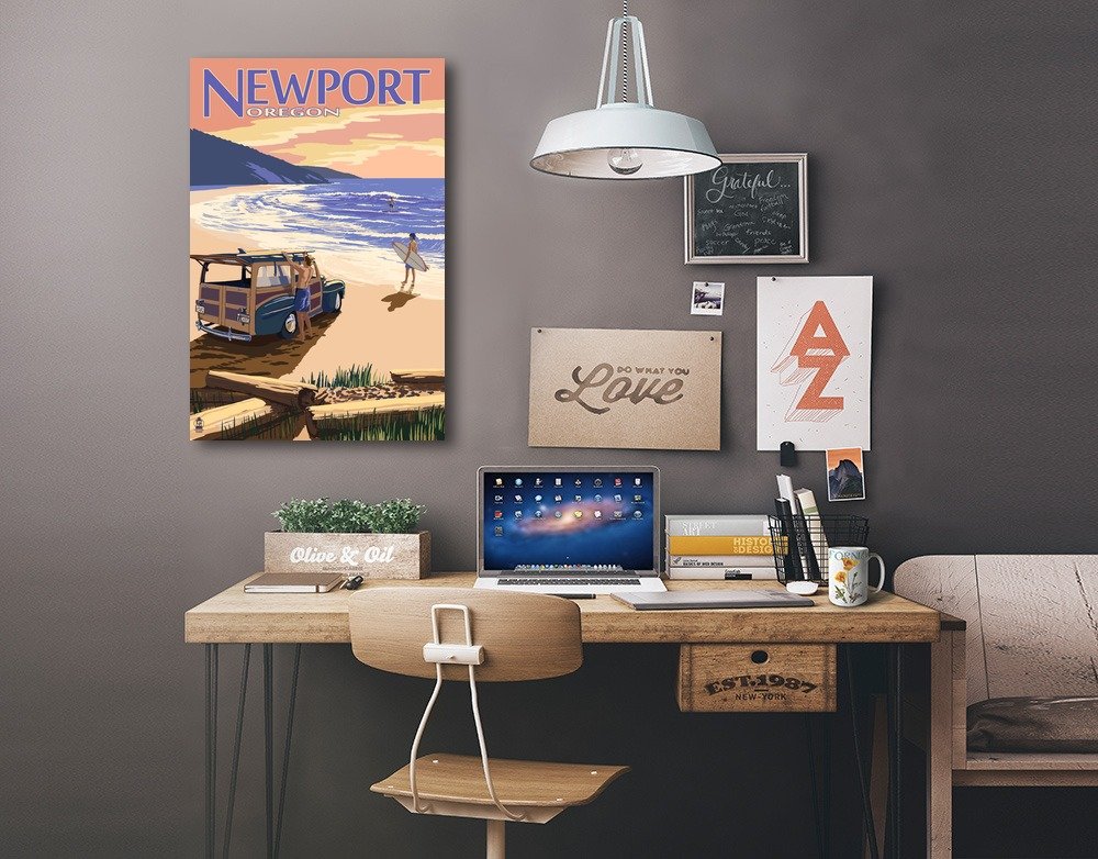 Lantern Press Newport Oregon Woody on Beach 16x24 Wrapped Canvas Wall Art - Coastal Decor for Living Room, Bedroom & Office