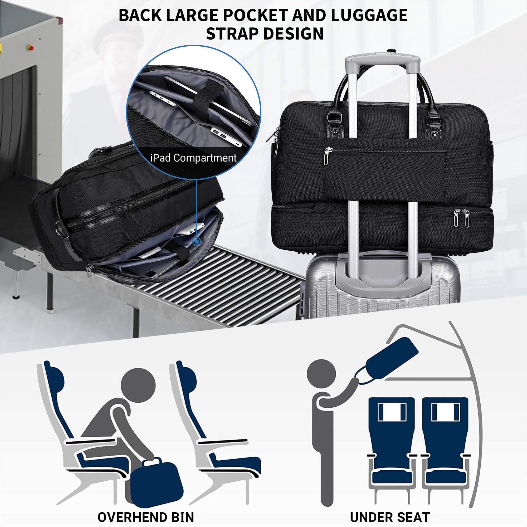 WITZMAN Weekender Travel Duffle Bag for Men & Women - Carry On Overnight Bag with Toiletry Kit & Shoe Compartment (Black B694) - Perfect for Gym, Business Trips & Weekend Getaways