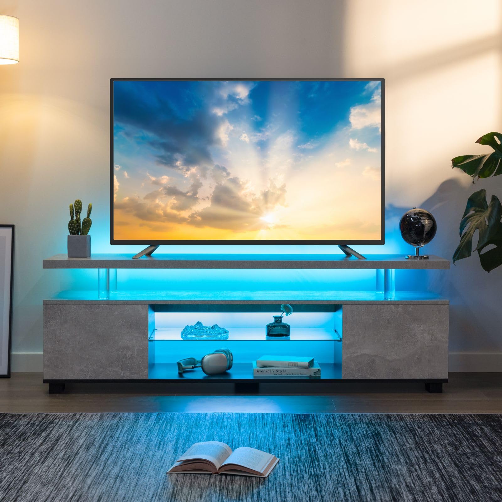 65 Inch LED TV Stand with Storage - Modern Entertainment Center for Living Room, Grey (A16-7) - Perfect for Home Theater & Living Room Organization