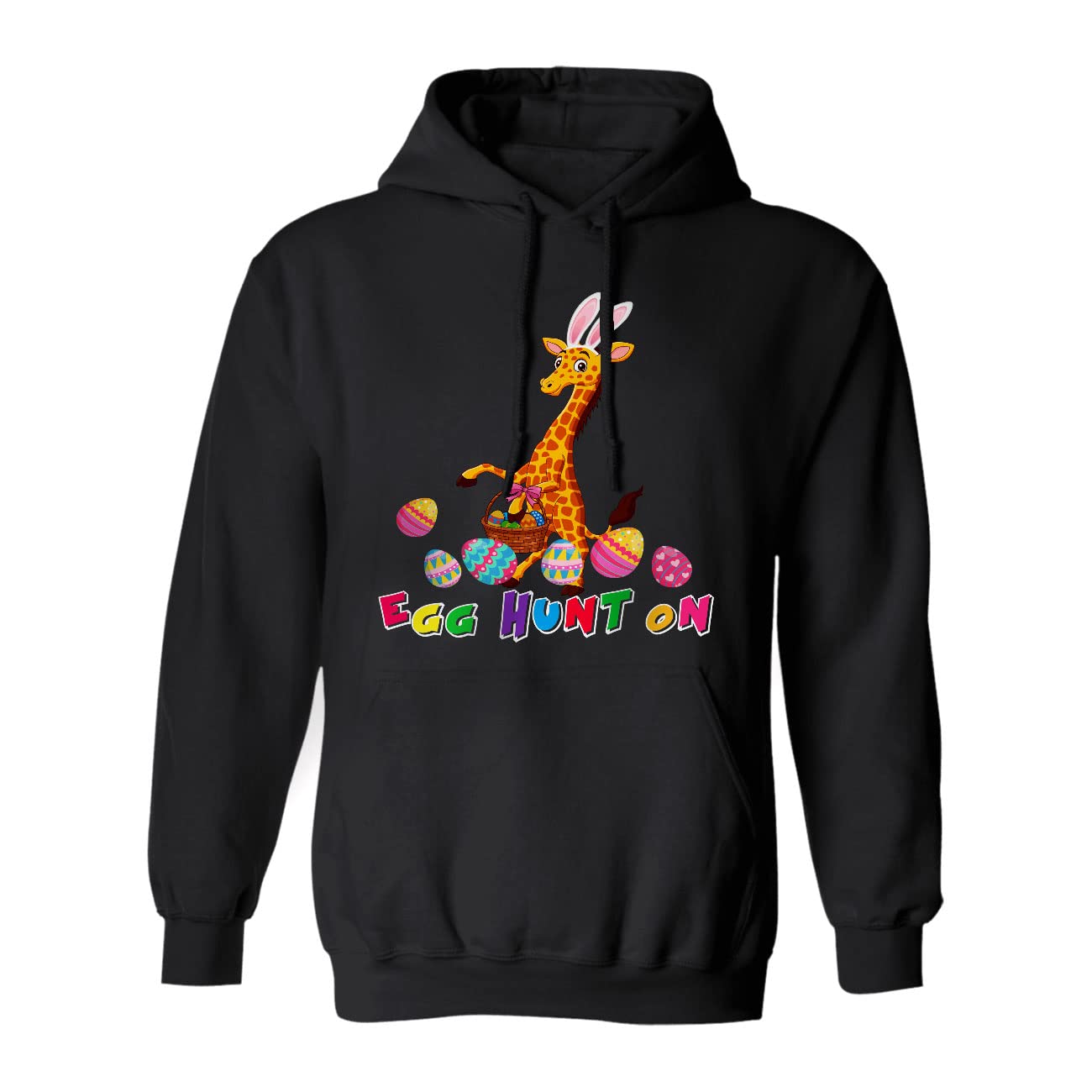 Cute Happy Easter Bunny Giraffe with Egg Basket Print Hoodie & Sweatshirt - Easter Lover Gifts for Women & Men - Perfect for Easter Egg Hunt, Spring Outfits & Holiday Celebrations