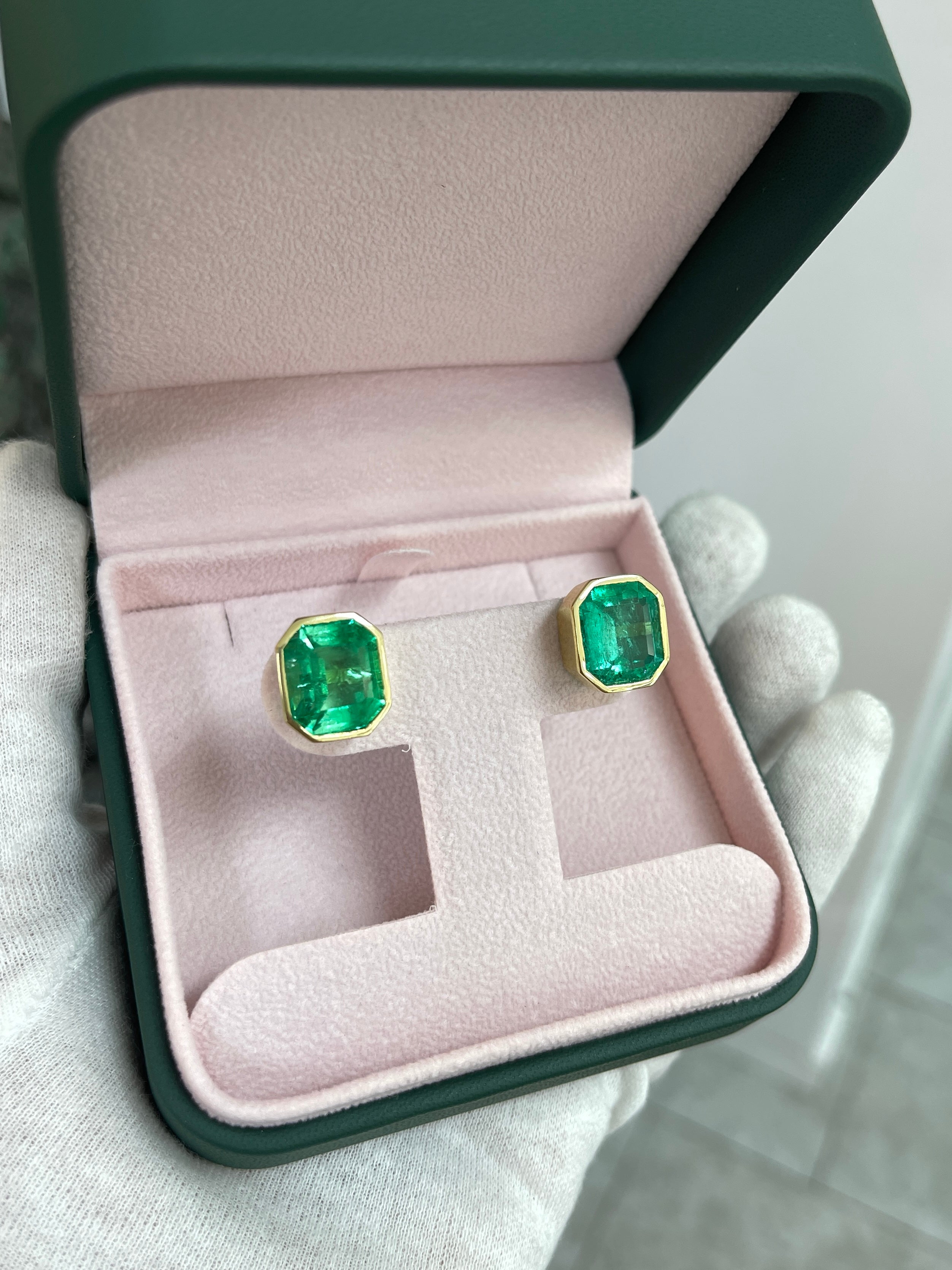 14.30tcw Large Bezel Set Natural Colombian Emerald Stud Earrings in 18K Gold | Luxury Jewelry for Women, Perfect for Weddings, Parties & Special Occasions