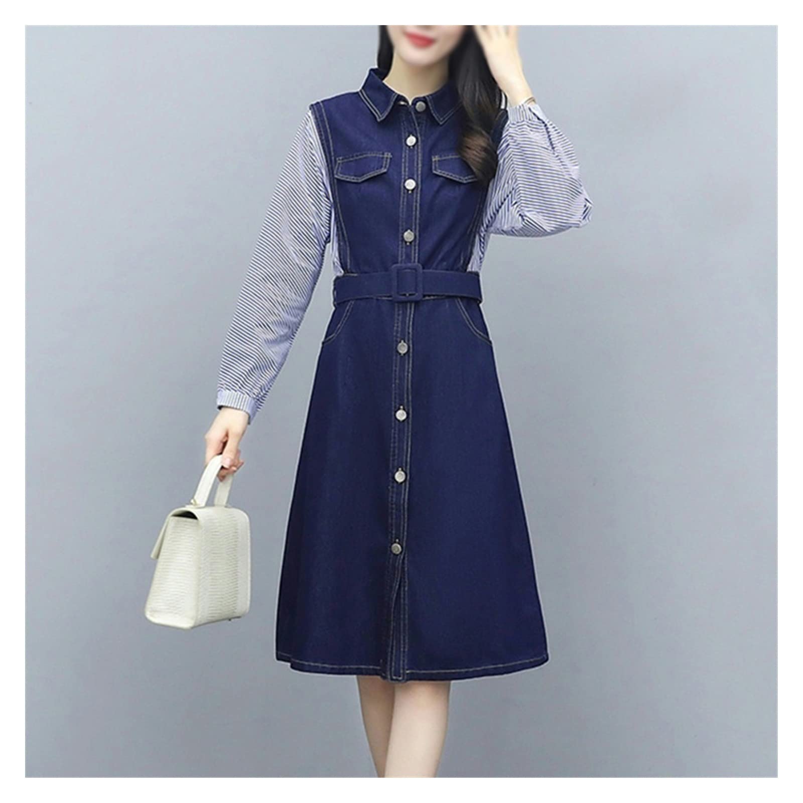 Korean Casual Denim Dress for Women - Long Sleeve Jean Shirt Dress for Spring & Autumn | Streetwear Fashion | Perfect for Daily Wear, Office Outfits & Weekend Outings (Color: A, Size: S)