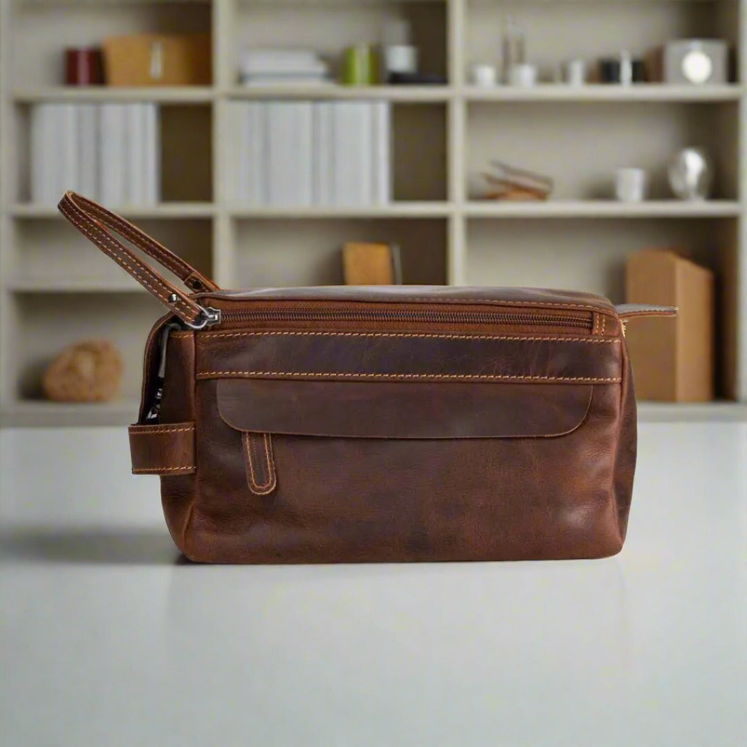 Premium Leather Darwin Travel Wash Bag for Men & Women - Durable Toiletry Organizer for Bathroom, Gym, Camping & Business Trips