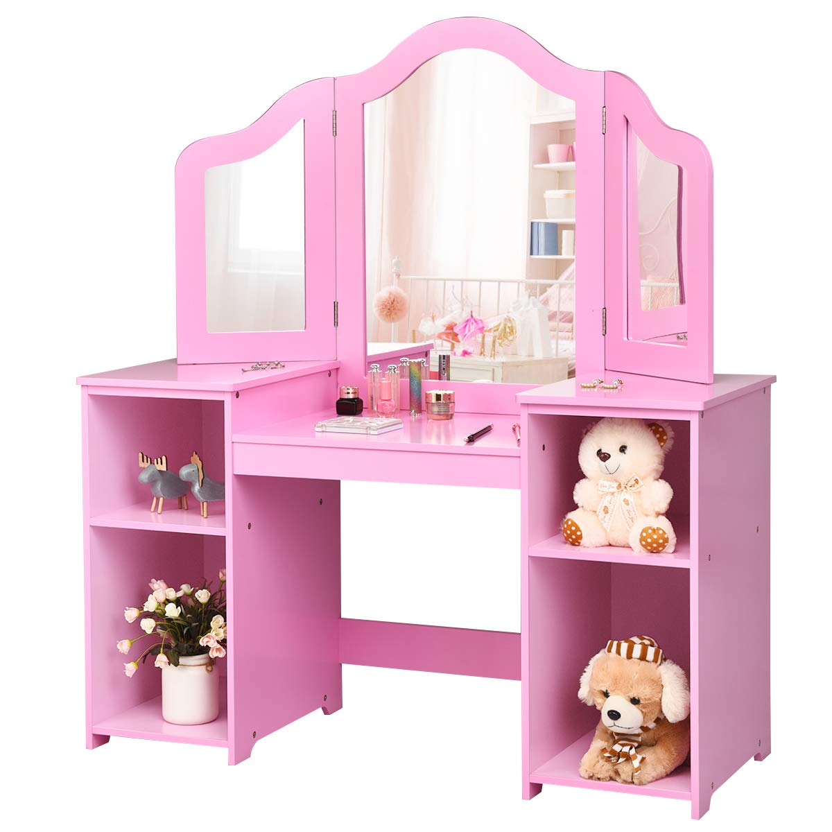 Costzon Kids Vanity Set - 2-in-1 Princess Makeup Desk & Dressing Table with Detachable Top, Tri-Fold Mirror & Storage Shelves | Pretend Play Toy for Little Girls (Pink) | Perfect for Bedroom Decor & Role Play Games