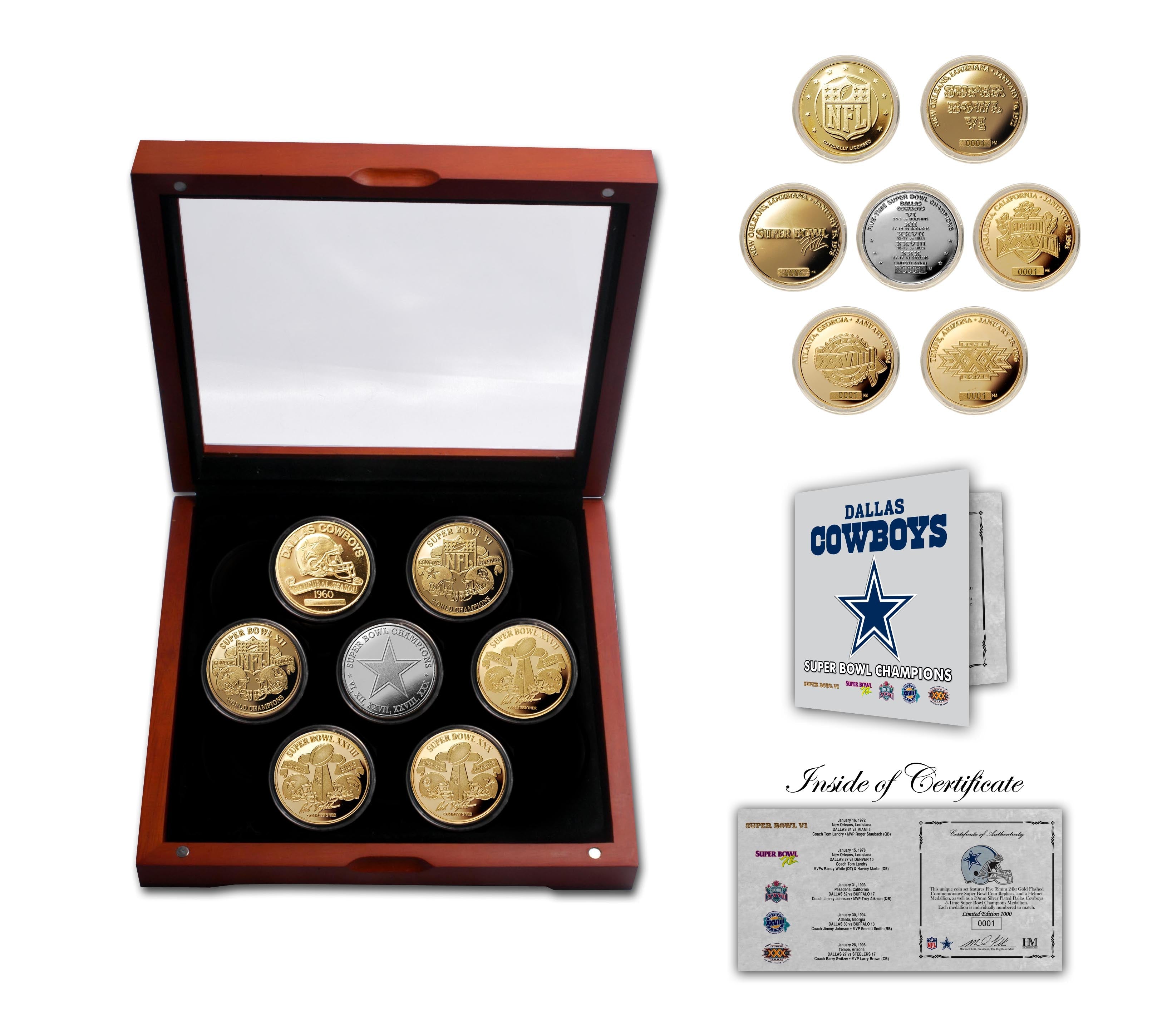 Dallas Cowboys 5-Time Super Bowl Champions Commemorative 7-Piece Gold & Silver Coin Collection Set - Perfect for NFL Fans, Sports Memorabilia Collectors and Gift Giving