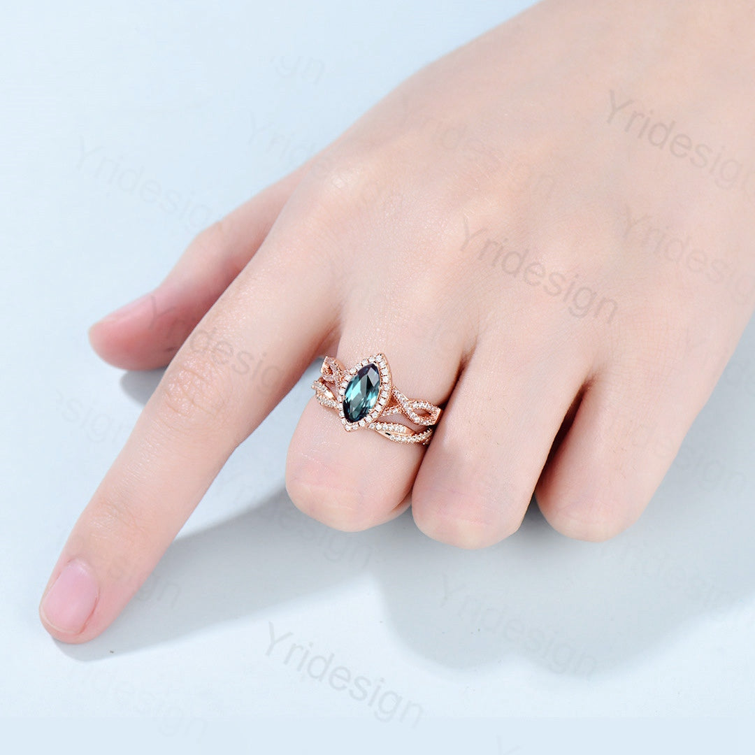 2pcs Marquise Cut Alexandrite Ring Set | Infinity Classic Engagement Ring Set in Rose Gold | Unique Twisted Wedding Bridal Anniversary Gift for Her | Perfect for Proposals, Anniversaries & Special Occasions