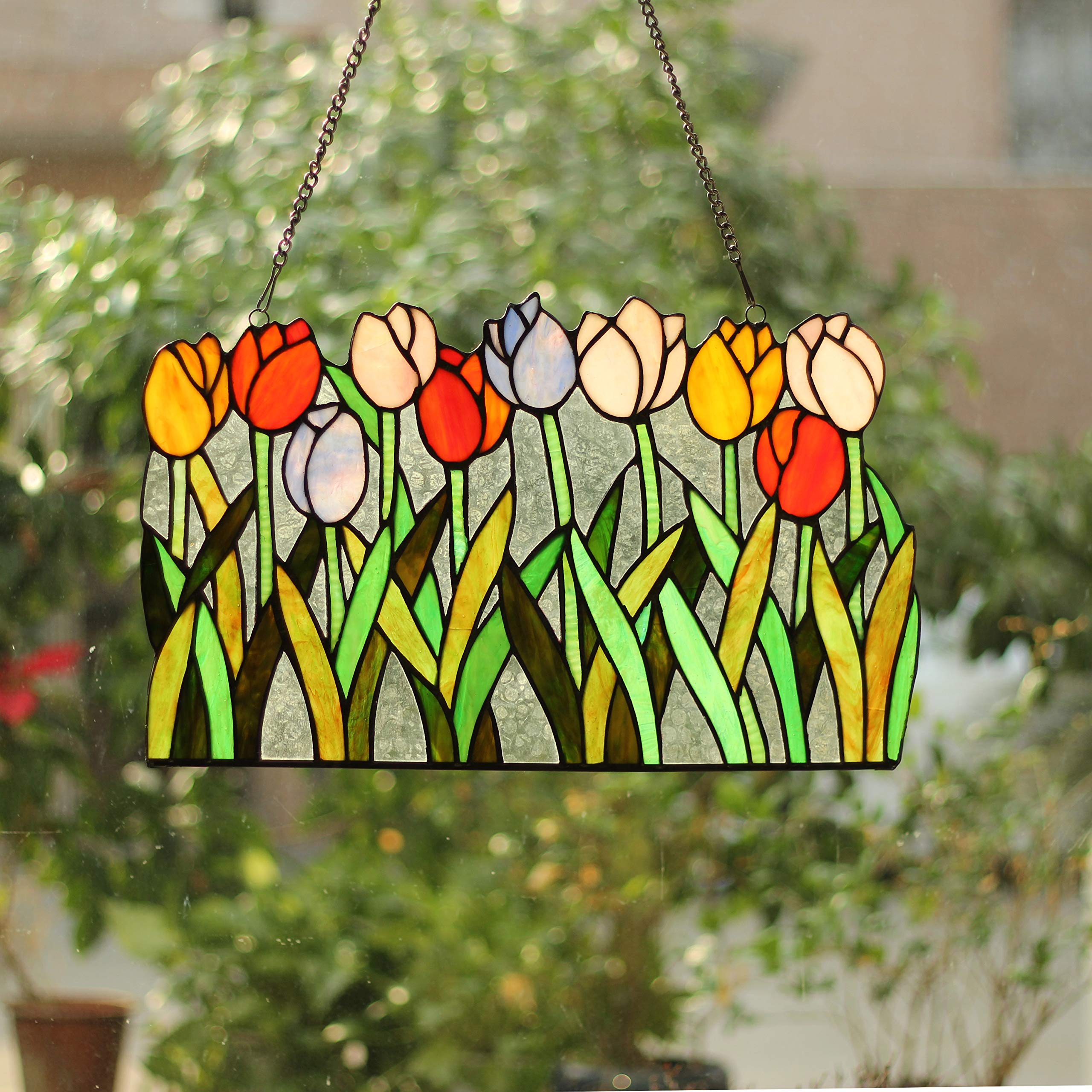 Tiffany-Style Stained Glass Tulip Window Panel - 18 Inch Wide Handcrafted Art Glass for Home Decor, Church & Office
