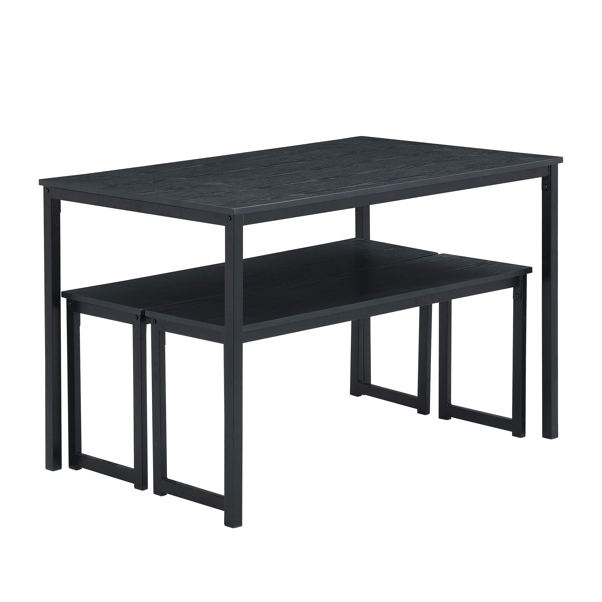 Modern 3-Piece Dining Set with 2 Benches - Black Metal Frame & MDF Board Kitchen Table for 4-6 People - Perfect for Small Spaces, Apartments & Cozy Family Meals
