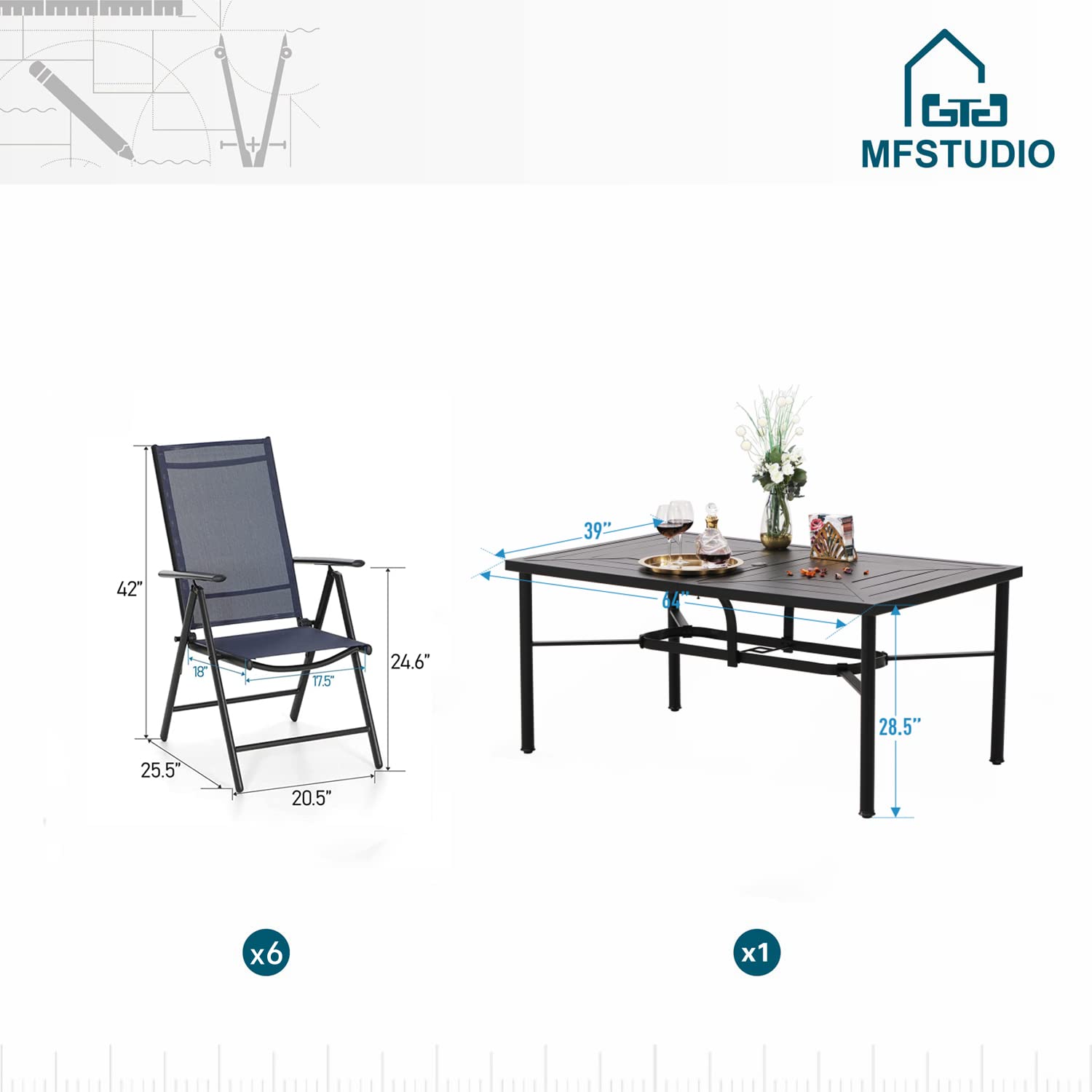 MFSTUDIO 6-Piece Outdoor Dining Set - Adjustable Height Aluminum Folding Chairs with Heavy-Duty Black Metal Table - Patio Furniture for Backyard, Garden & Poolside Dining