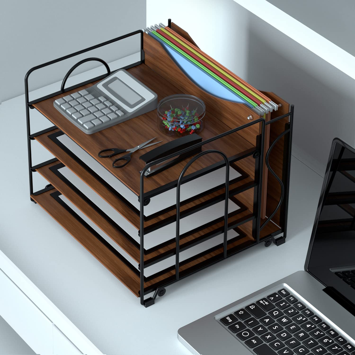 LUCYCAZ 4-Tier Wooden File Organizer for Desk - Letter & A4 Size Hanging File Holder | Office, School & Home Desktop Storage Solution | Perfect for Documents, Bills, and Stationery Organization (Black)