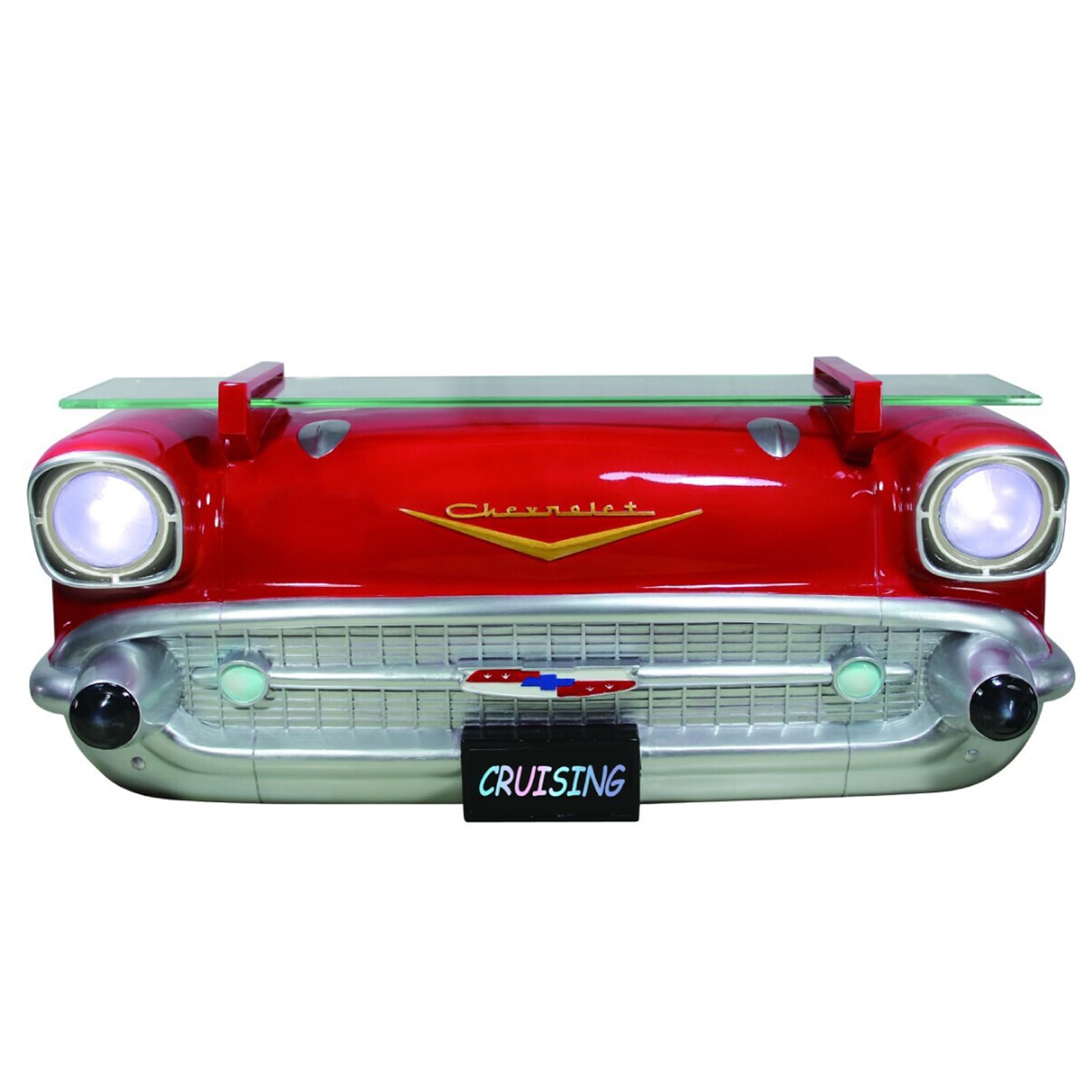 1957 Chevy Bel Air Wall Shelf - Red Floating Shelf with LED Headlights (20x6.1x8 inches) | Tempered Glass Classic Car Decor | Battery Operated Novelty Gift for Car Enthusiasts | Perfect for Man Cave, Garage, or Automotive-Themed Room Decor