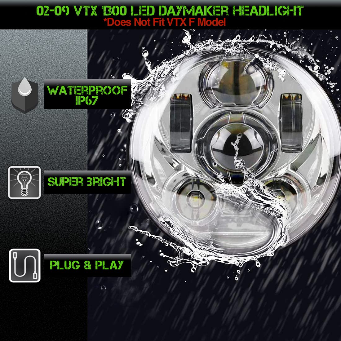 SLK-Lights VTX 5.75 Inch Chrome LED Projector Headlight - High Brightness Daymaker Round Motorcycle Light with Bracket & Hardware - Easy Plug & Play Installation for Honda VTX 1300 & VTX 1800 - Perfect for Night Riding, Commuting and Enhanced Road Visibility