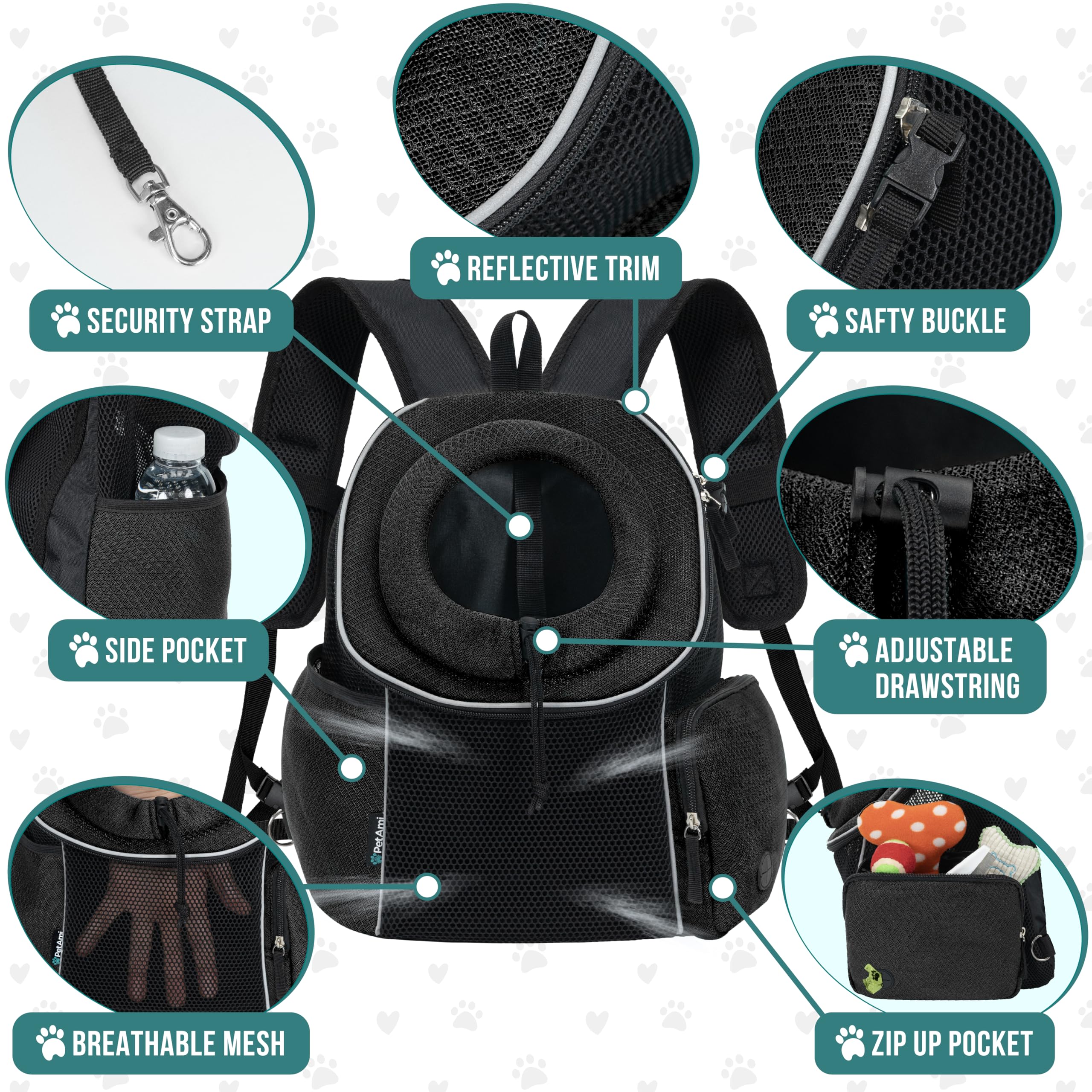 PetAmi Adjustable Dog Carrier Backpack - Ventilated Pet Chest Carrier for Small Dogs & Cats up to 14 lbs - Perfect for Hiking, Camping & Travel - Black