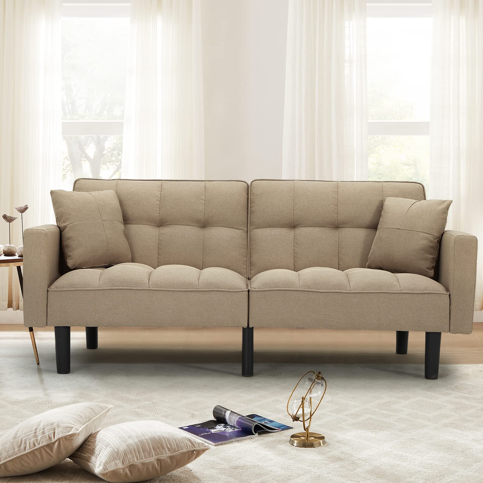 AVAWING Convertible Futon Sofa Bed - Modern Linen Fabric Sleeper Couch with Adjustable Backrest & Sturdy Nylon Legs | Perfect for Small Spaces, Guest Rooms, Apartments & Home Offices (Khaki)