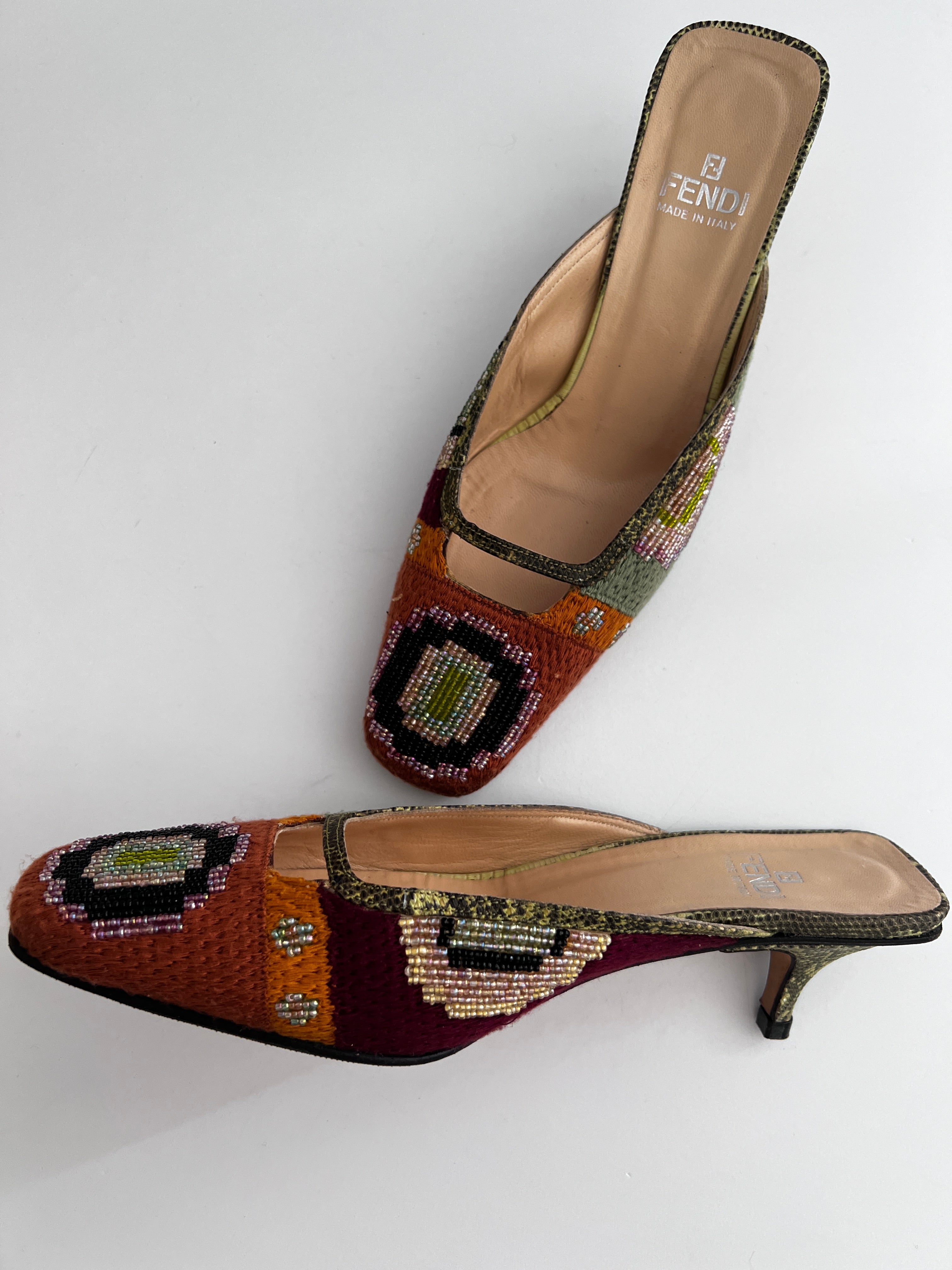 Vintage Fendi Boho Beaded Mule Heels - Women's Bohemian Style Sandals for Summer Weddings & Beach Vacations