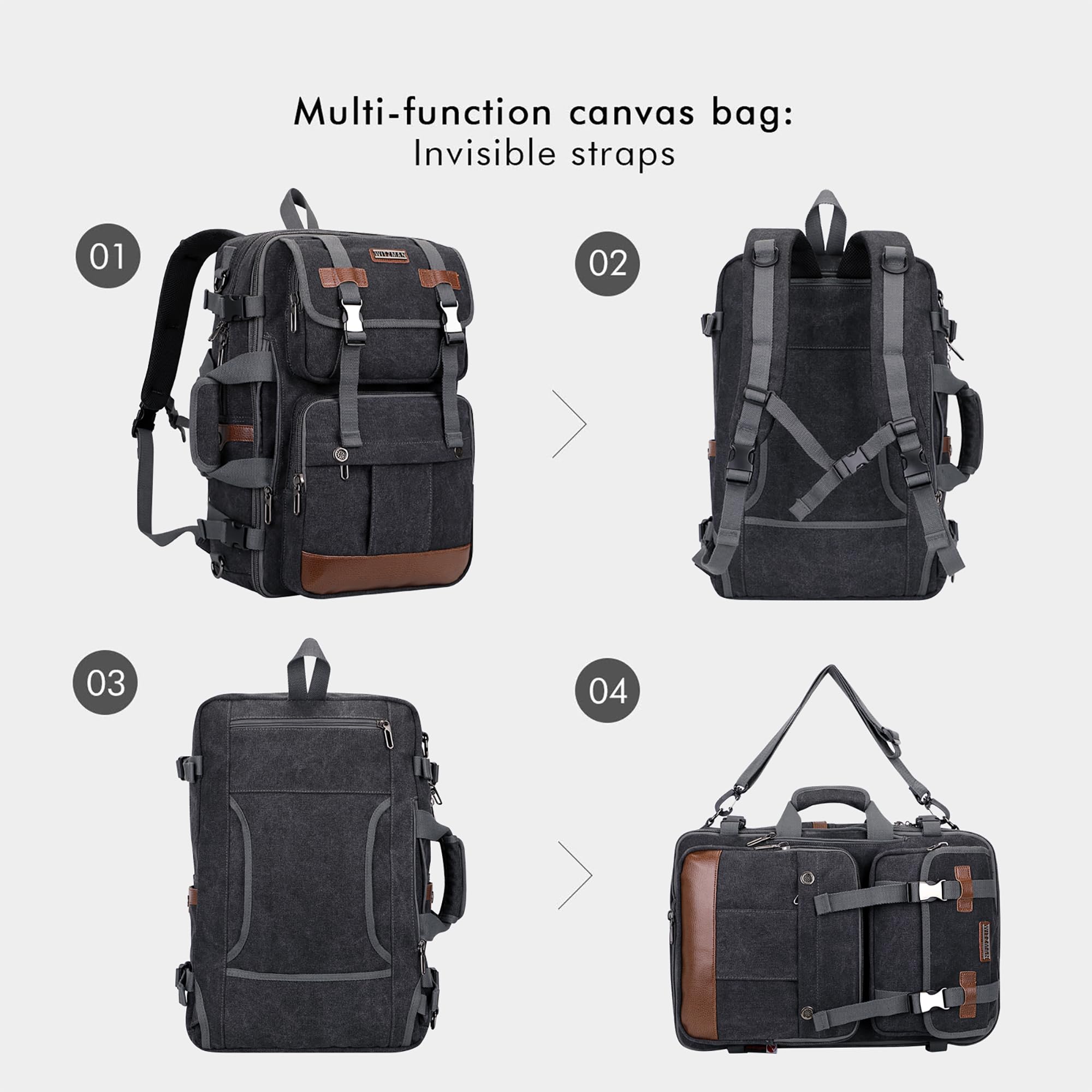 WITZMAN Large Travel Backpack for Men - 17 Inch Laptop Backpack, Airline Approved Carry-On, Convertible Shoulder Rucksack (A6617-3 Black) - Perfect for Business Trips, Commuting & Outdoor Adventures