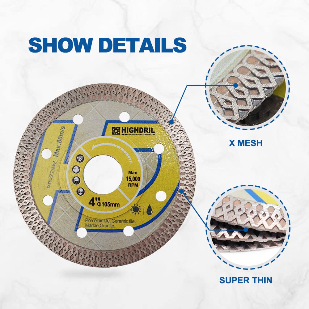 HIGHDRIL 4 Inch Diamond Saw Blade - 2 Pack Premium Diamond Tile Cutting Disc for Porcelain, Ceramic, Granite & Marble - Dry/Wet Use Turbo X Mesh Circular Saw Blades - Perfect for Home Renovation & Professional Tile Installation