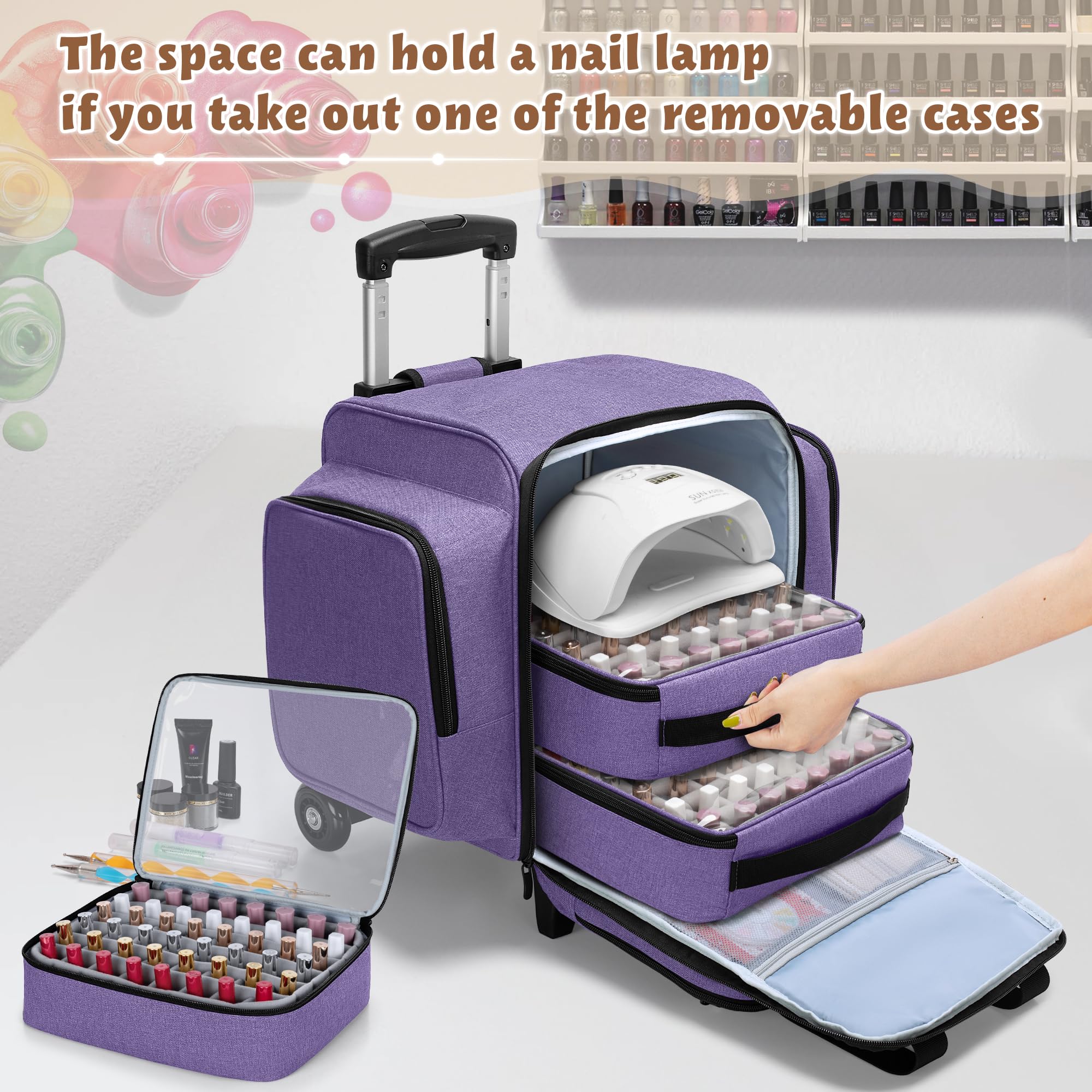 BAFASO Rolling Nail Polish Organizer Holds 144 Bottles - Portable Nail Polish Storage Case with Detachable Dolly & 3 Removable Trays (Patented Design, Purple) - Perfect for Salon, Home & Professional Nail Technicians
