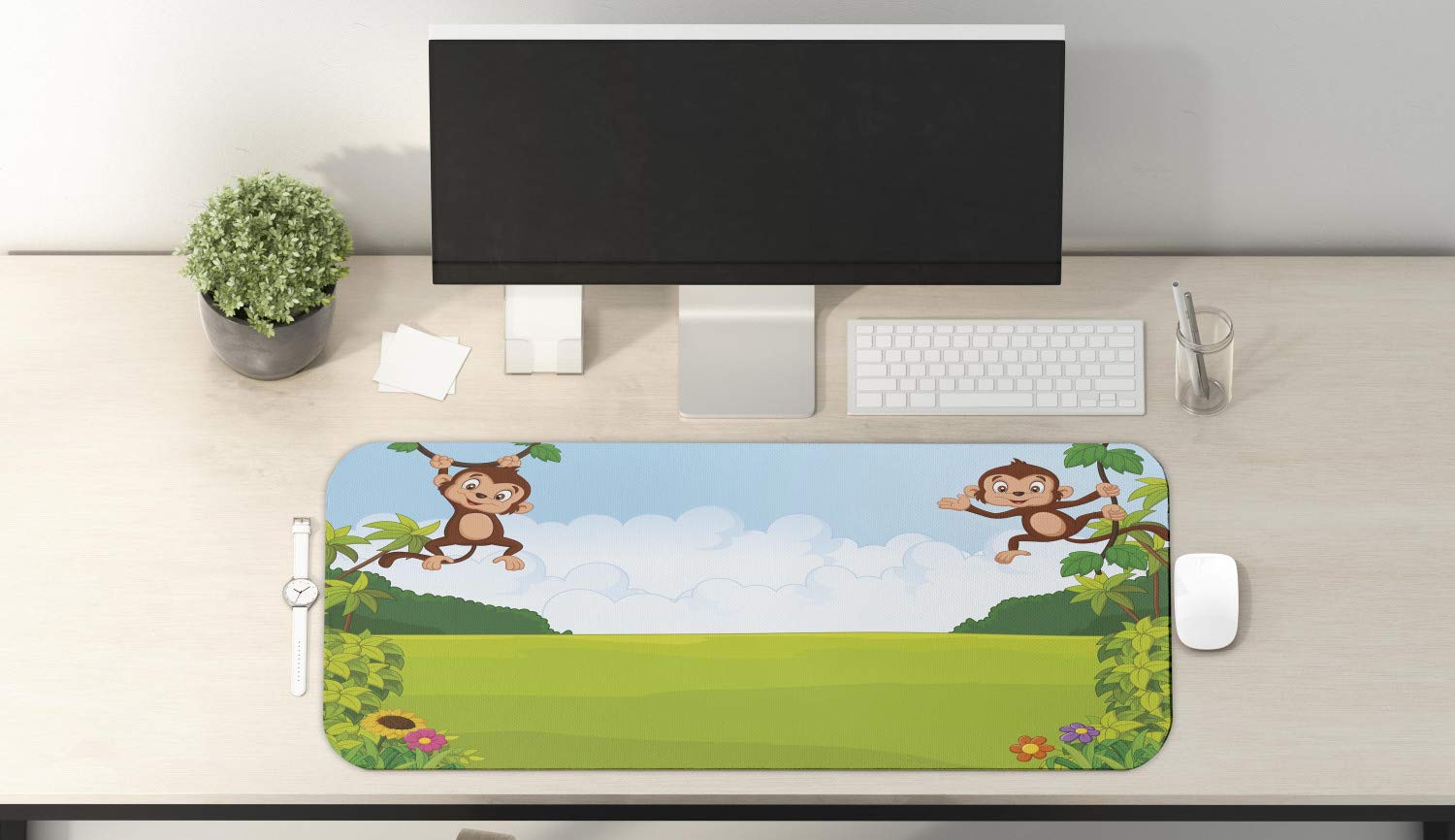 Ambesonne Cartoon Computer Mouse Pad - Playful Monkeys Hanging on Vines Design, Non-Slip Rubber Gaming Mousepad (31