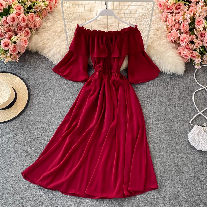 Elegant Off Shoulder Ruffled Chiffon Maxi Dress with Flared Trumpet Sleeves - Women's Boho Party Gown for Weddings, Date Nights & Special Occasions