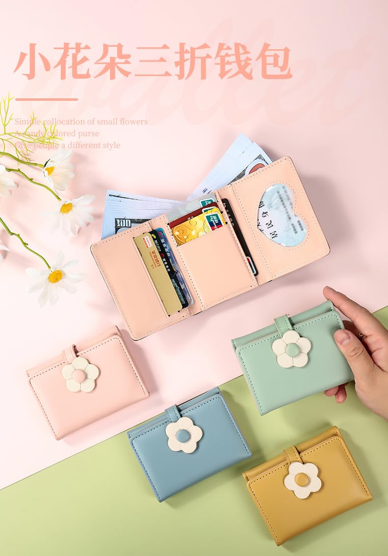 Valerie Cute Small Wallets for Teen Girls & Women - PU Leather Trifold Wallet with 3D Floral Buckle, ID Window, Cash Pocket & Card Holder - Perfect for School, Travel & Everyday Use (Pink)