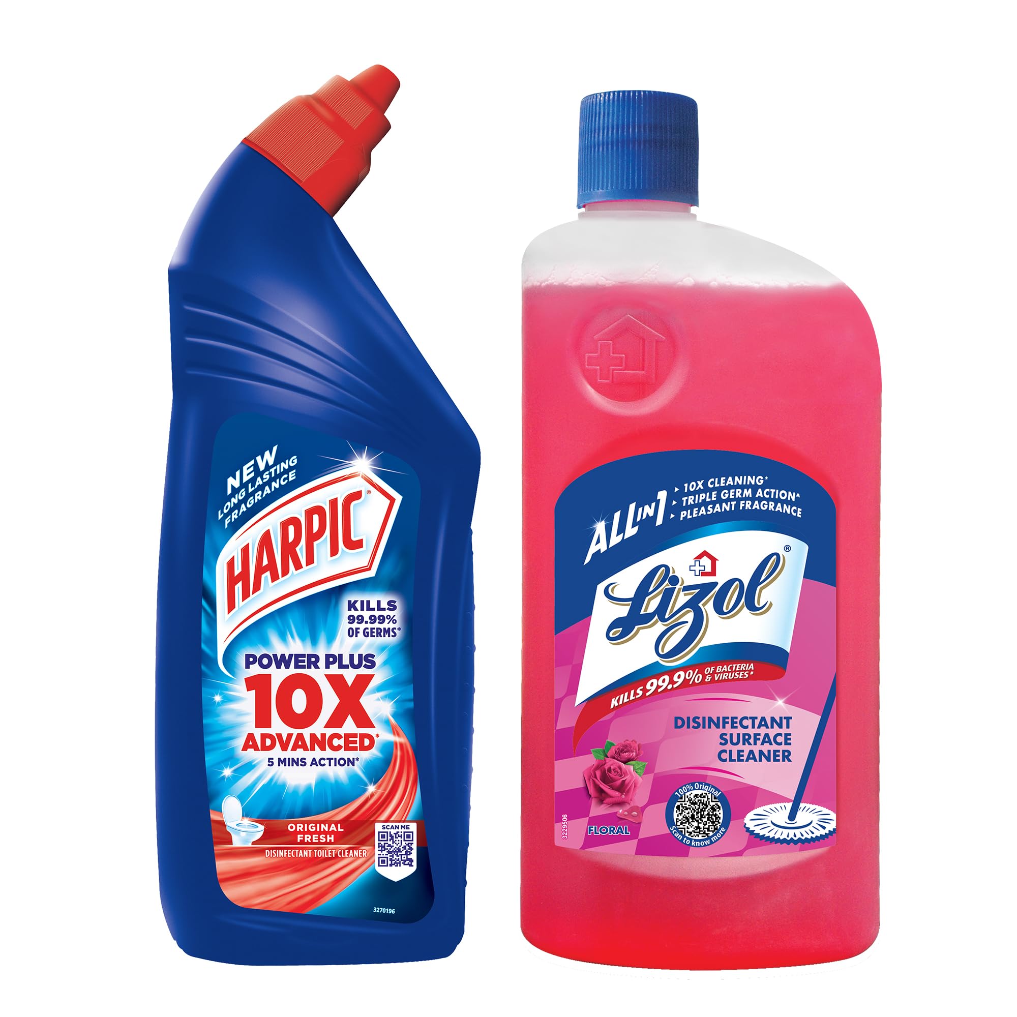 Lizol Disinfectant Surface & Floor Cleaner, Floral Scent - 1 Liter + Harpic Power Plus Disinfectant Toilet Cleaner, Original Fresh - 1 Liter | Multi-Purpose Cleaning Kit for Home, Kitchen & Bathroom Disinfection