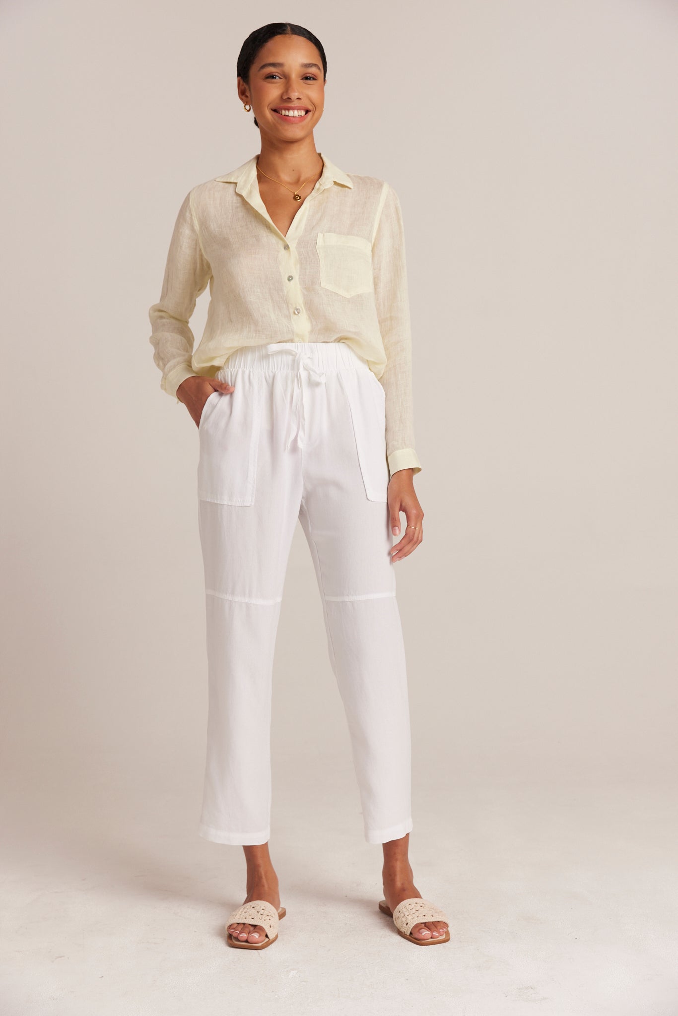 Utility Tie Waist Trouser - Women's High Waisted Comfortable Work Pants in White for Office & Casual Wear