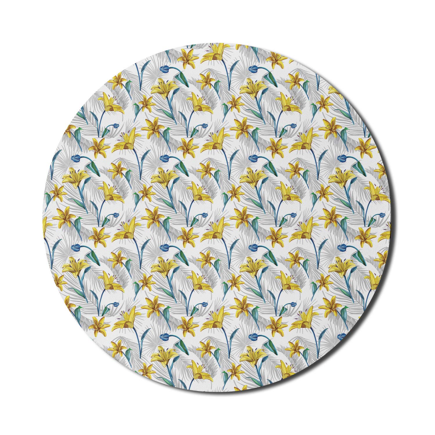 Ambesonne Floral Mouse Pad - Realistic Lily Blossom & Abstract Leaves Design, Non-Slip Thick Rubber Gaming Mousepad, 8 Inch Round Computer Accessory for Home & Office Use