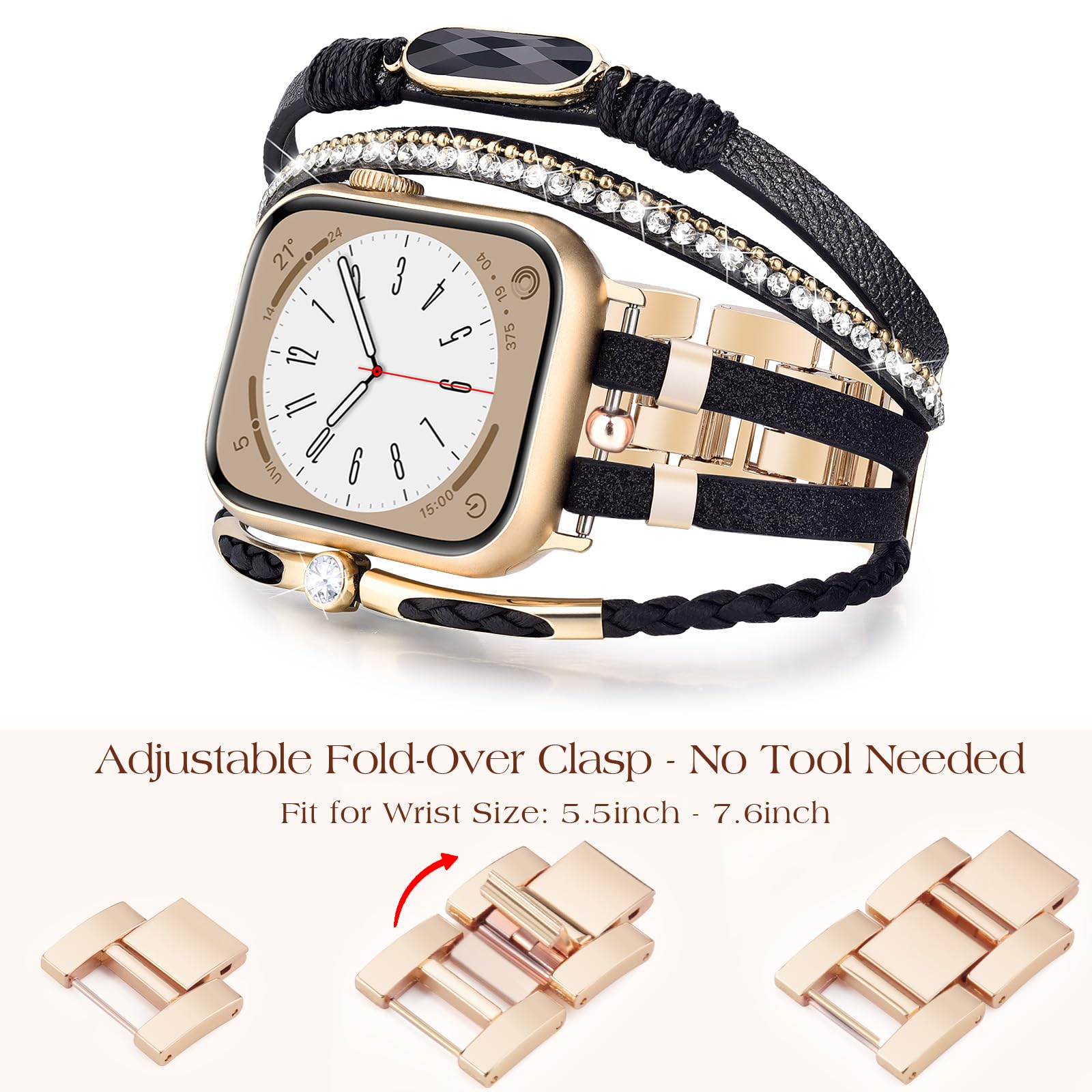 Boho Leather Apple Watch Band for Women - Adjustable 38mm 40mm 41mm iWatch Strap Compatible with Series 10/9/8/7/6/5/4/3/2/1/SE - Stylish Multilayer Wrap Bracelet for Everyday Wear & Boho Fashion Accessories
