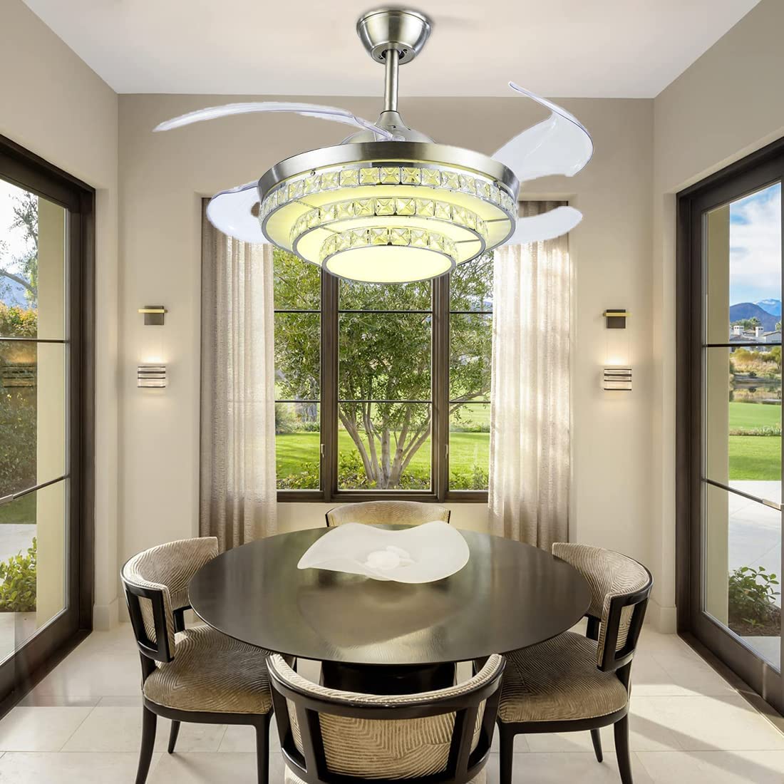 42 Inch Crystal Ceiling Fan with Light and Remote Control - Modern LED Chandelier Fan with Retractable Blades for Dining Room, Living Room, Bedroom - Silver Finish - Energy Efficient & Quiet Operation