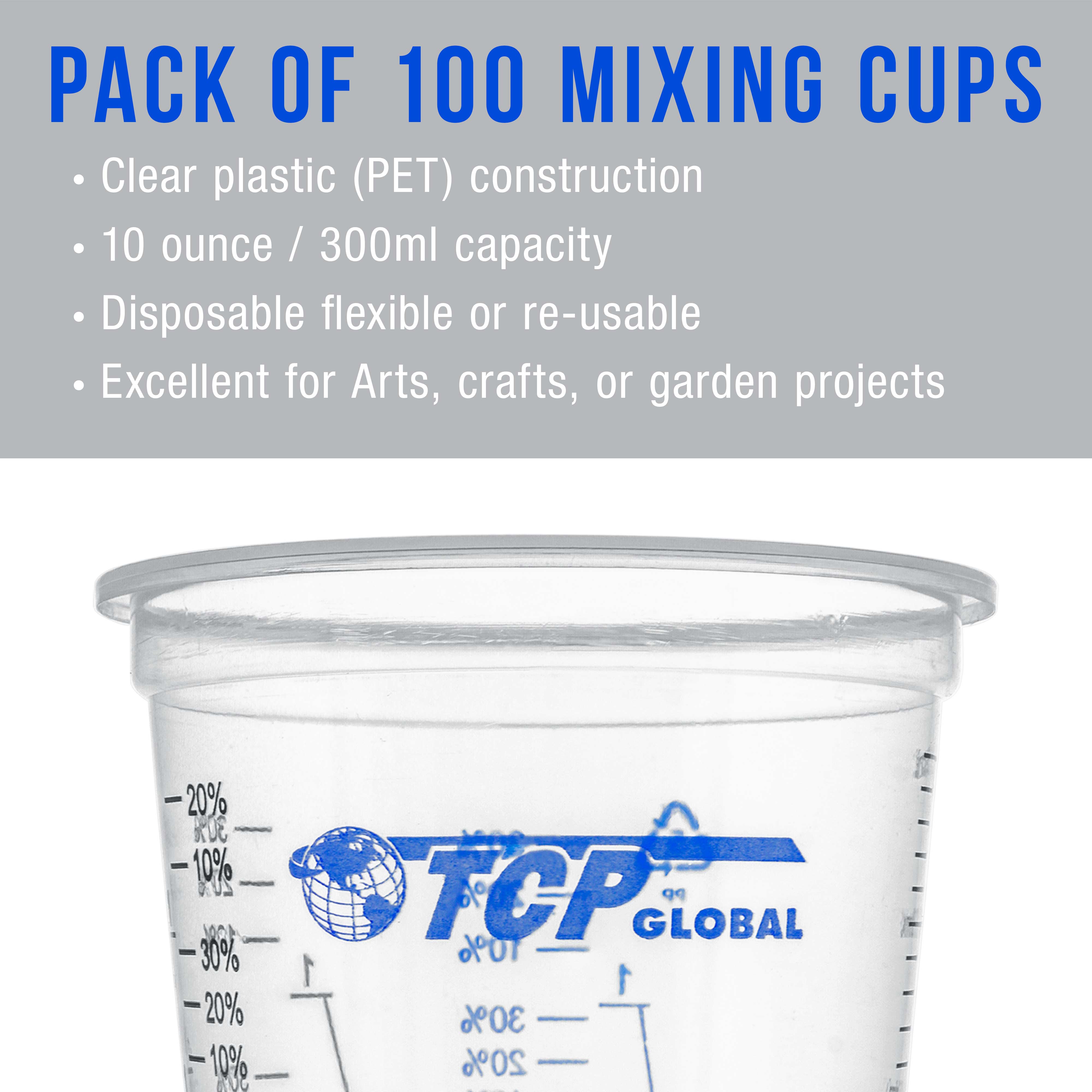 TCP Global 10oz (300ml) Disposable Plastic Mixing Cups with Measurement Marks - 100 Cups & 50 Sticks Set for Paint, Epoxy, Resin - Perfect for DIY Crafts, Art Projects & Home Repairs
