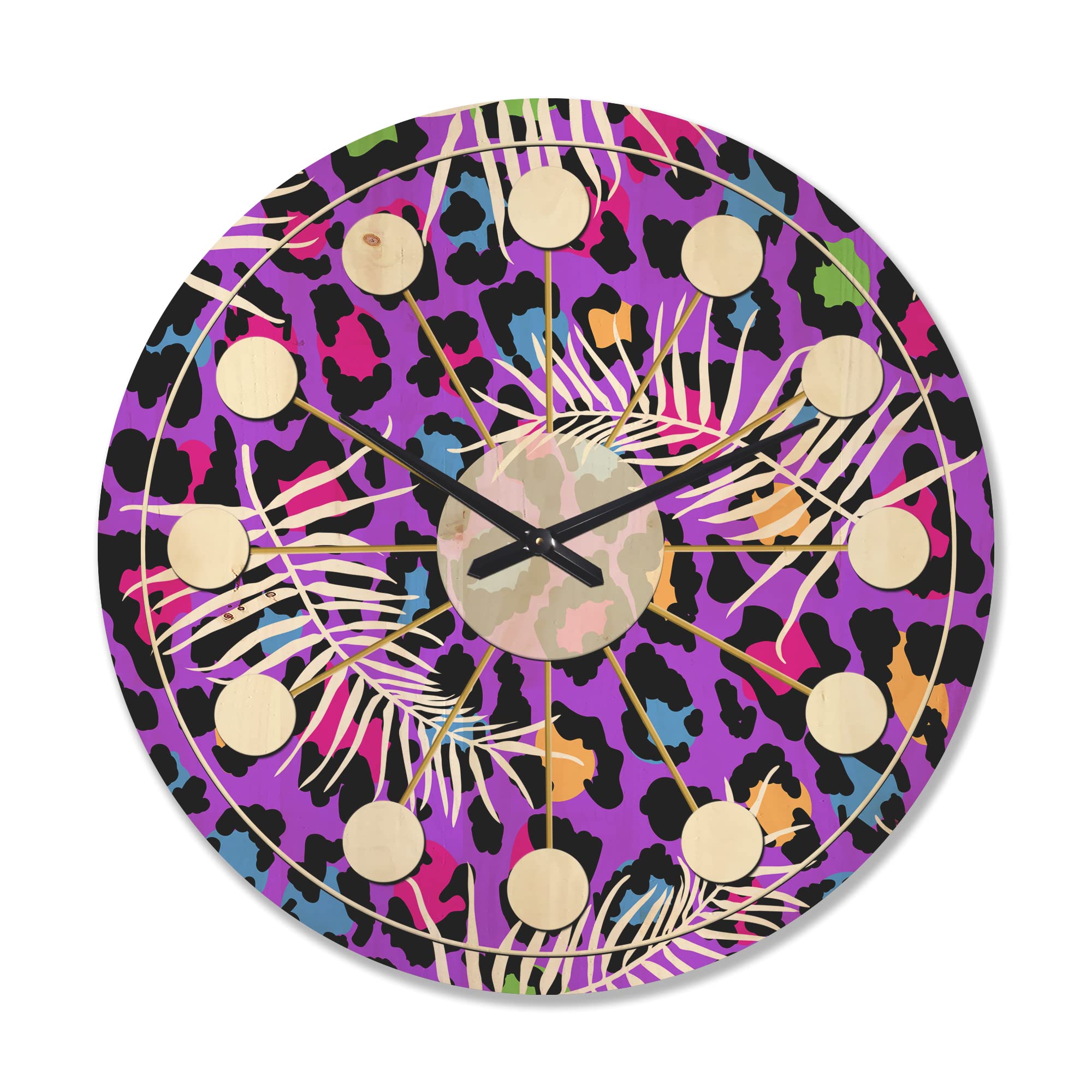 DesignQ Leopard Print Safari Pattern Mid-Century Modern Large Wood Wall Clock - Oversized Decorative Wooden Clock for Living Room, Bedroom & Office Décor | Perfect for Vintage & Boho Home Decor