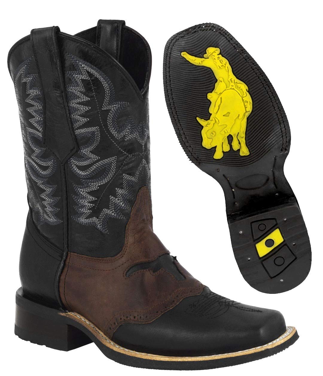 Men's Black Western Leather Cowboy Boots - Square Toe Longhorn Bull Design for Rodeo, Country Music & Western Fashion