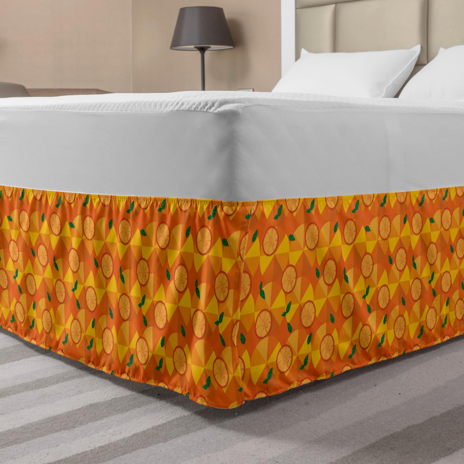 Ambesonne Elastic Bed Skirt - Citrus Slices Design, Wrap Around Dust Ruffle for King Size Beds, Earth Yellow & Marigold | Perfect for Bedroom Decor & Guest Room Styling