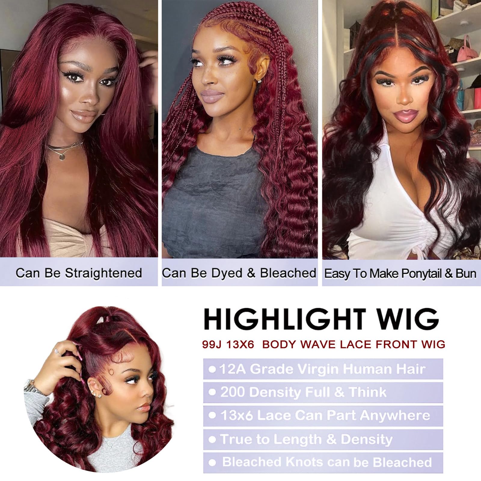 30 Inch Burgundy 99J Body Wave Lace Front Wig - 13x6 HD Transparent Lace Human Hair Wig with Pre-Plucked Hairline & Baby Hair - 200% Density Glueless Lace Frontal Wig for Women - Perfect for Daily Wear, Cosplay, and Special Occasions