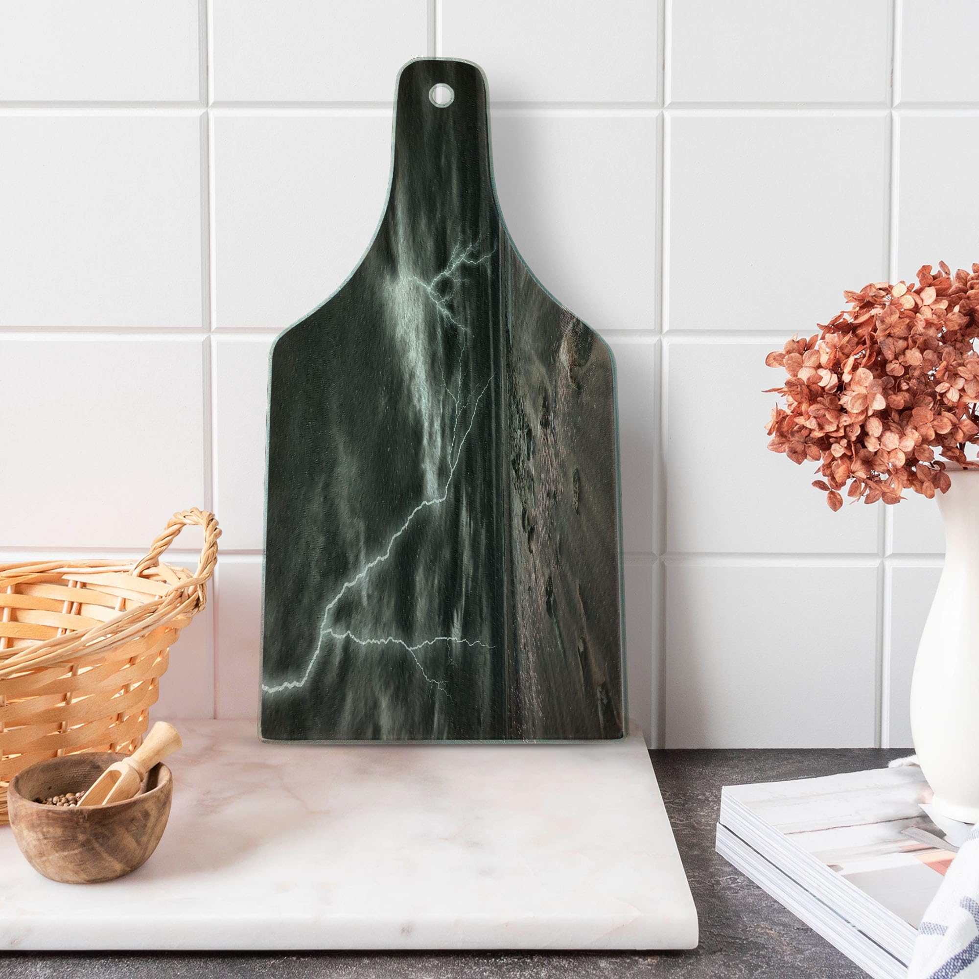 Ambesonne Thunderstorm Beach Tempered Glass Cutting Board - Wine Bottle Shape, Grey Brown - Durable Decorative Serving Board for Kitchen, Dining & Entertaining