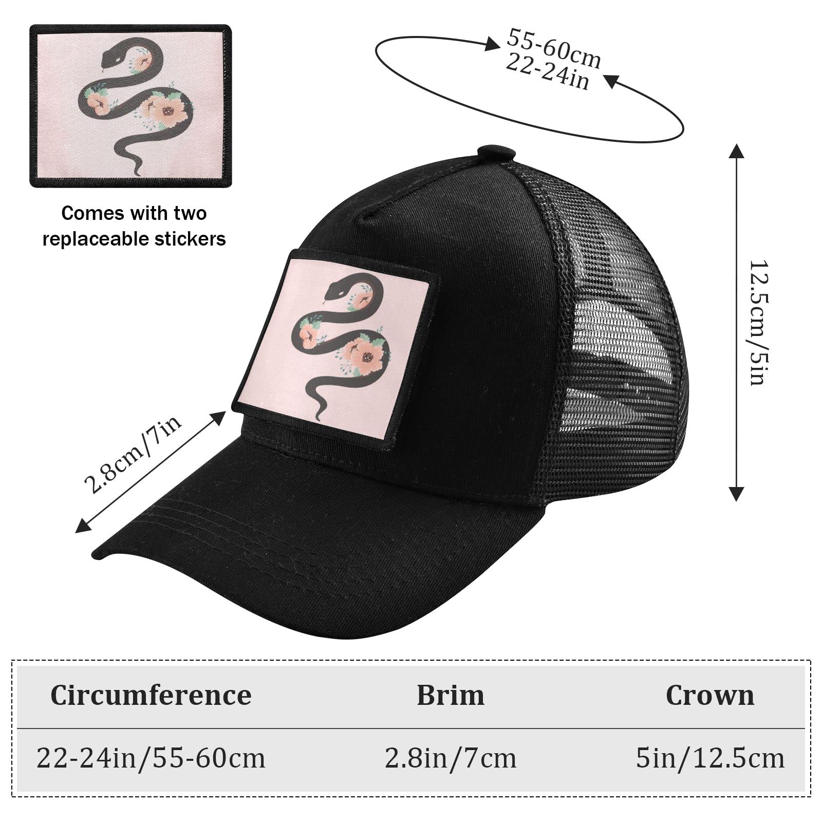Hand Drawn Snake Baseball Cap for Men & Women - Low Profile Military Style Army Hat - Unisex Black Fashion Hat for Casual Wear, Outdoor Activities & Street Style