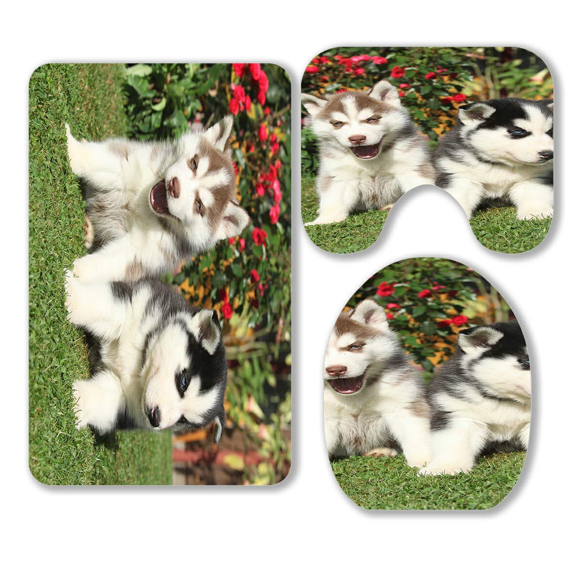 ECZJNT Siberian Husky & Red Roses 3-Piece Bathroom Rug Set - Non-Slip Bath Mat, Contour Rug & Toilet Lid Cover for Cozy Home Decor | Perfect for Pet Lovers & Modern Bathrooms