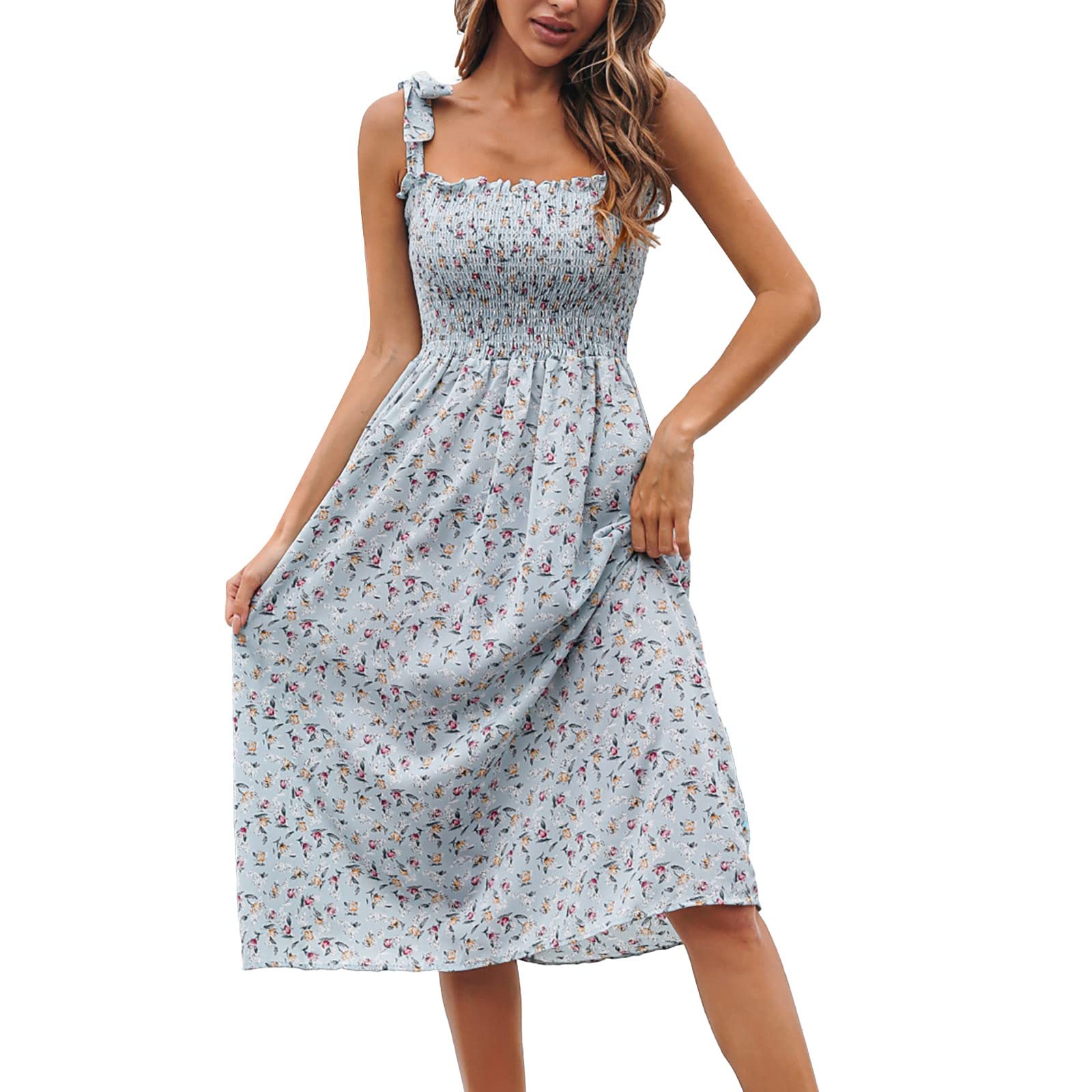 Boho Floral Print Women's Summer Dress - A-Line Long Midi Swing Dress with Tie Straps | Perfect for Beach Vacations, Music Festivals & Casual Outings