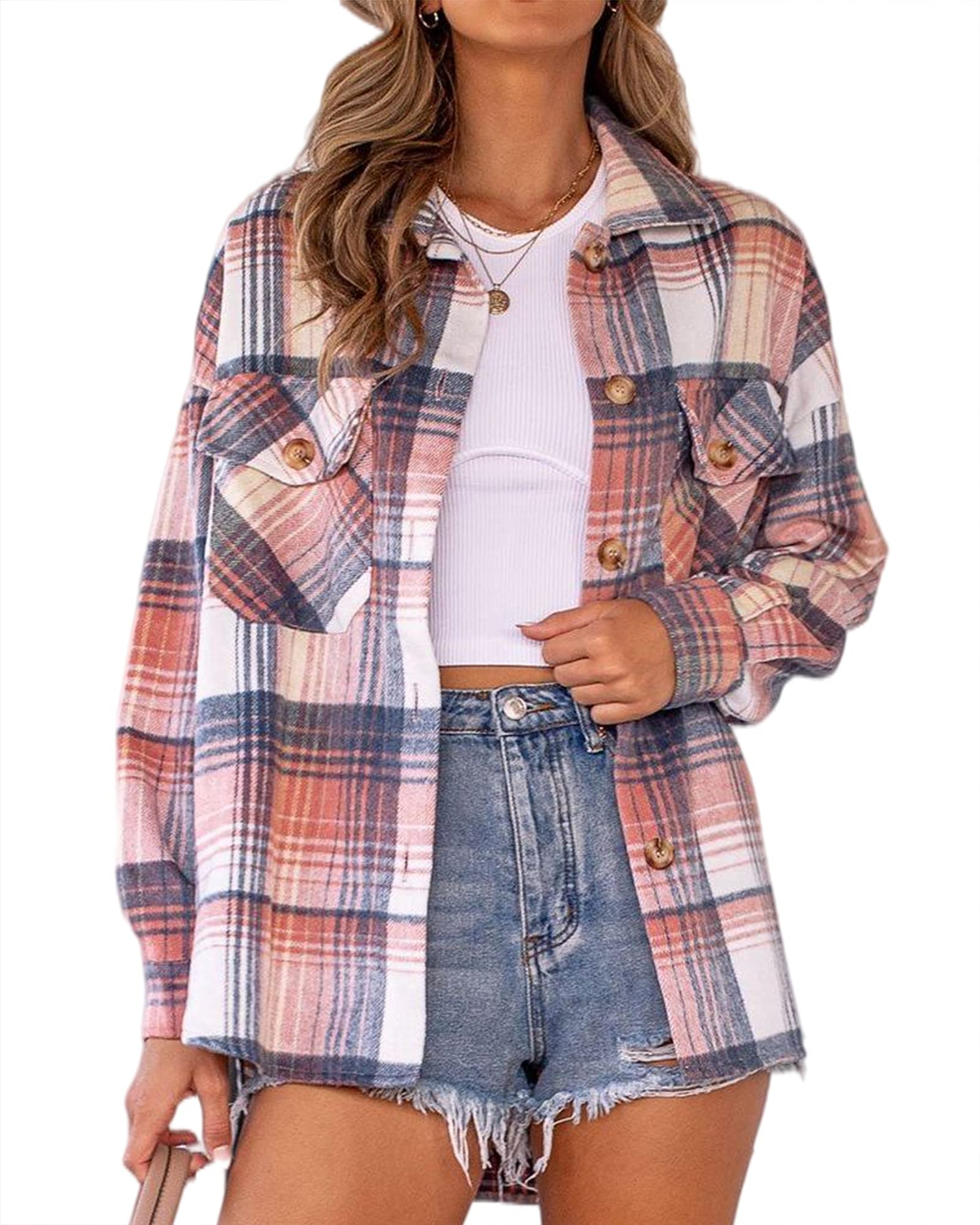 Siliteelon Women's Flannel Plaid Shirt - Long Sleeve Button Down Cotton Blouse with Roll-Up Cuffs | Casual Boyfriend Style Top for Fall & Winter | Perfect for Outdoor Adventures, Coffee Dates & Layered Outfits