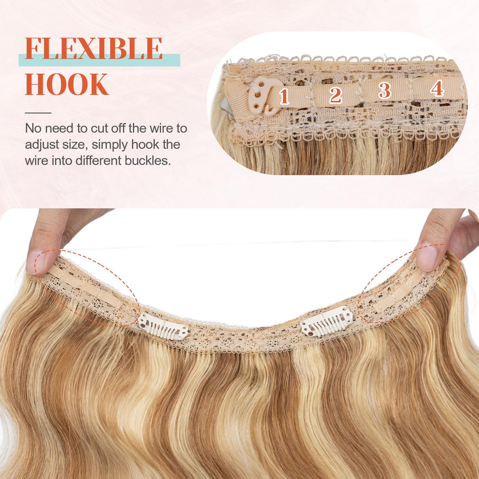 Benehair Ombre Human Hair Extensions - Brown to Blonde Wavy 22 Inch 130g Full Head Hairpieces for Women | No Tape No Glue Seamless Fish Line Headband | Natural Volume Boost for Everyday & Special Occasions