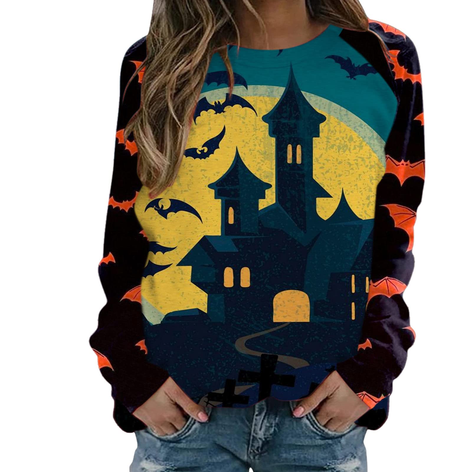 Stylish Halloween Graphic Tee for Women - Long Sleeve Crew Neck Casual Pullover Sweatshirt | Perfect for Halloween Parties, Fall Outfits & Cozy Seasonal Wear