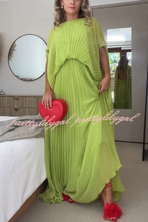 Spring Whispers Chiffon Pleated Wide Sleeve Volume Maxi Dress | Flowy Elegant Long Dress for Women | Perfect for Weddings, Parties & Summer Vacations