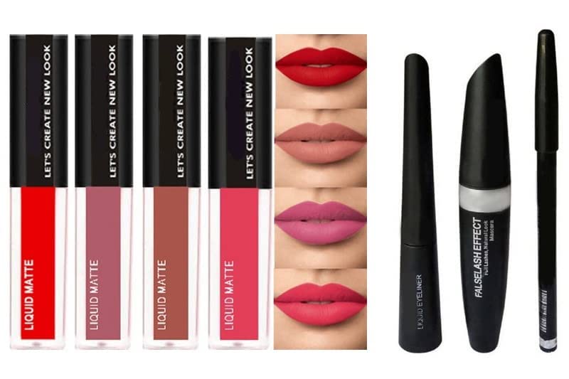 Professional 4-in-1 Liquid Matte Lipstick Set - Red Edition with 3-in-1 Black Eyeliner, Mascara & Eyebrow Pencil | Long Lasting Waterproof Makeup Kit for Parties, Weddings & Daily Wear