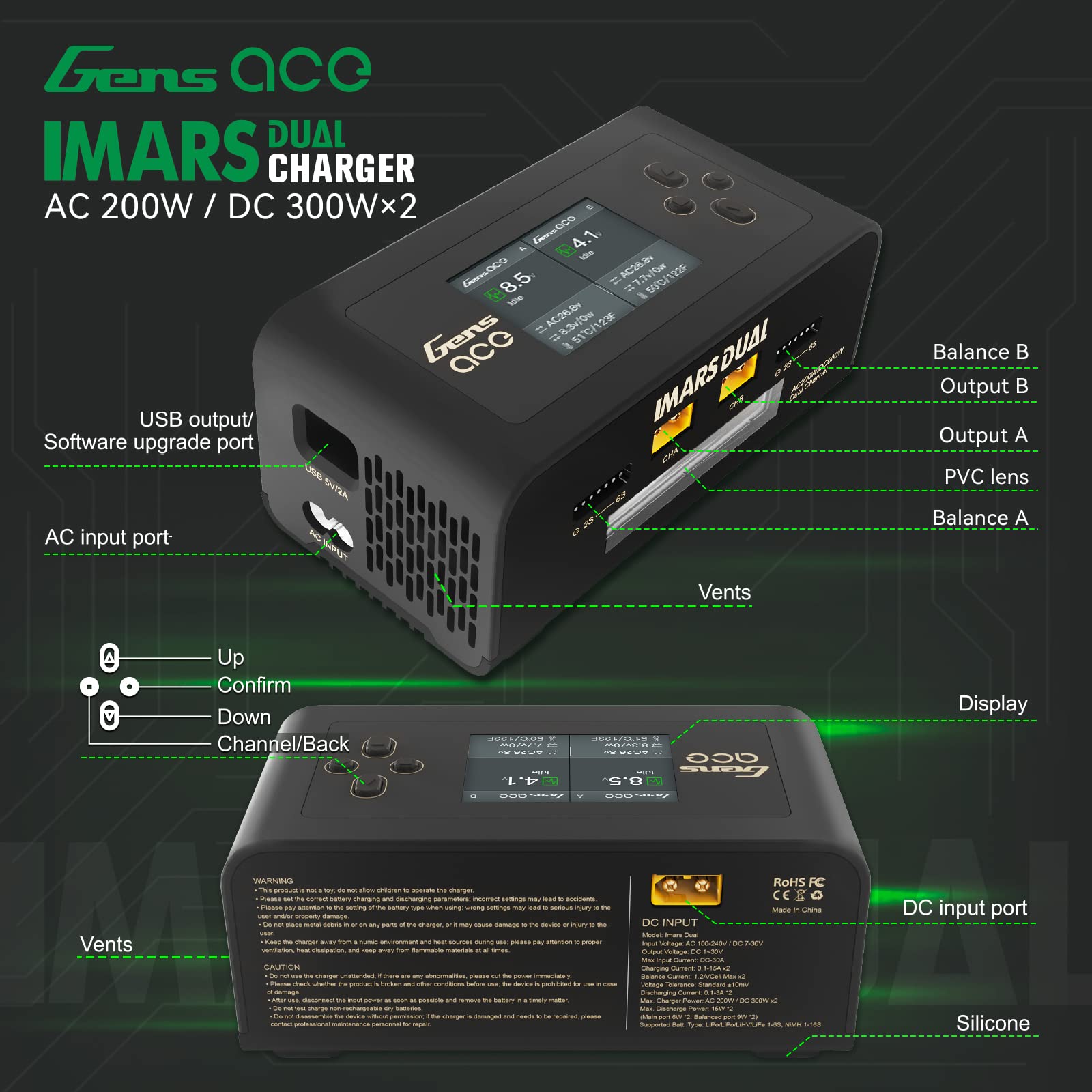 Gens Ace Lipo Battery Charger - Imars Dual Smart Charger 15A AC 200W DC 600W for RC Cars, Drones, and Airplanes (Black) - Fast Charging for Hobbyists and Professionals